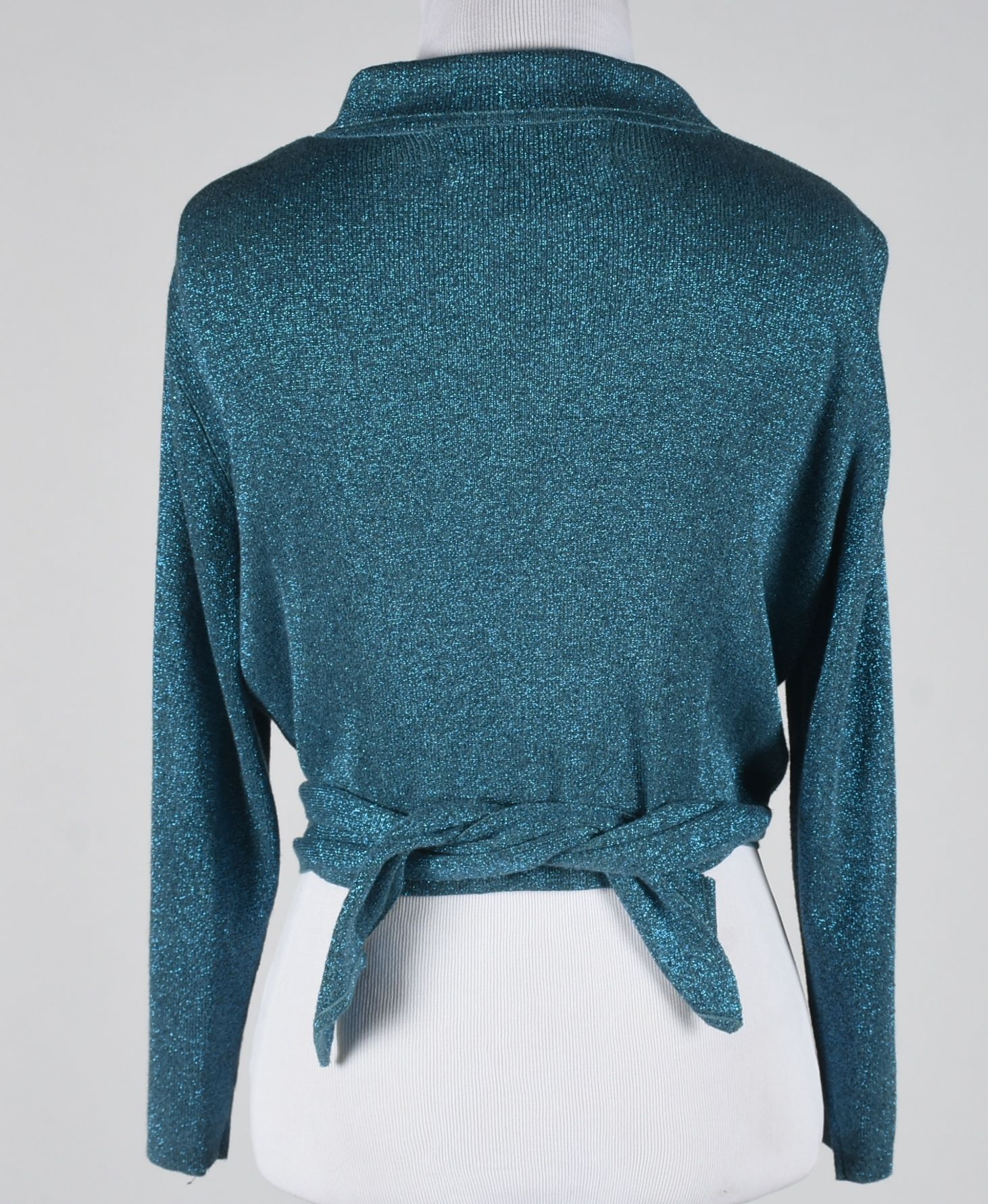 Double D Ranch of Yoakum, Texas Blue Glitter Embroidered Cropped Blouse with Beads and Tie Strap