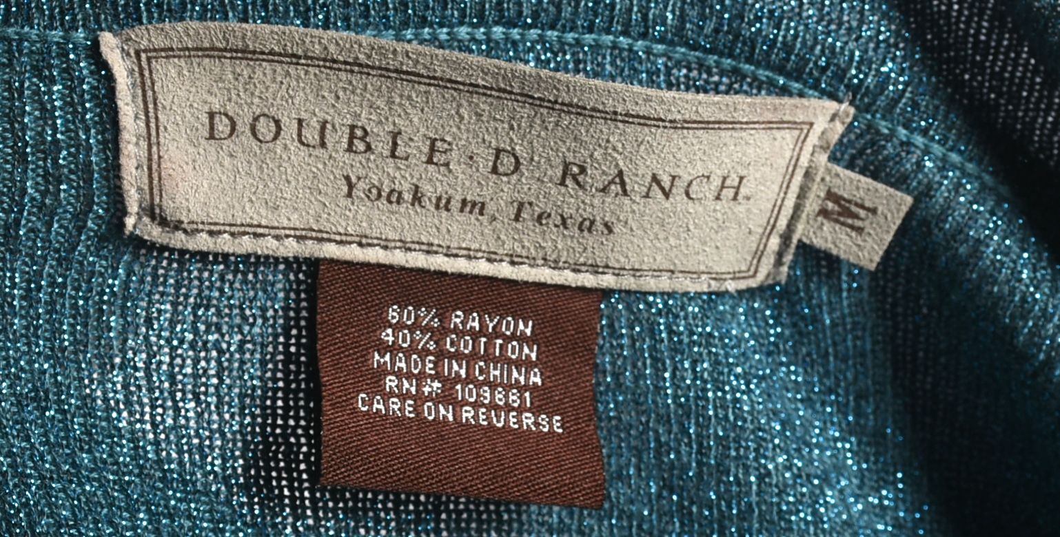 Double D Ranch of Yoakum, Texas Blue Glitter Embroidered Cropped Blouse with Beads and Tie Strap