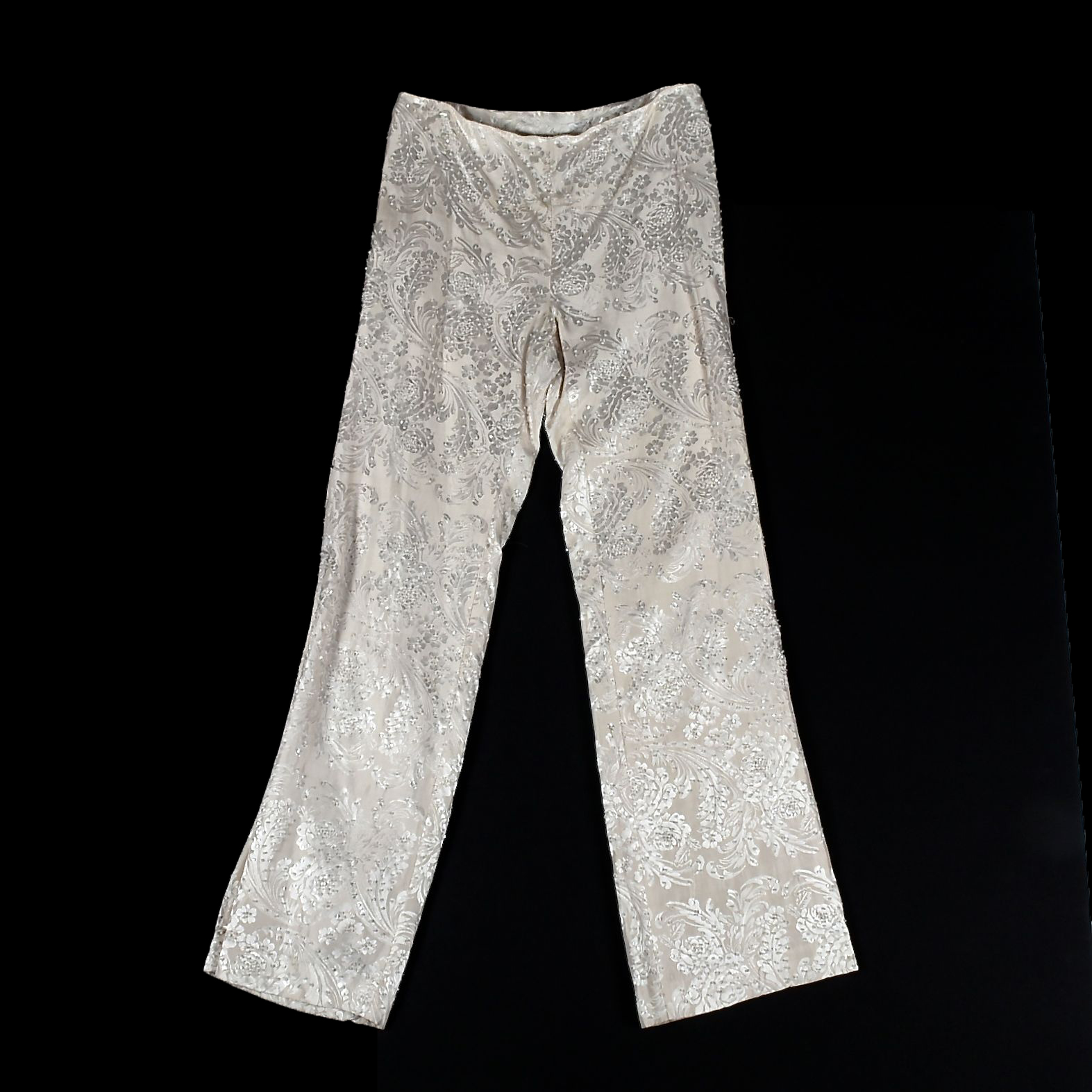 Ivory Brocade Dress Pants Embellished with Hand Sewn Beads