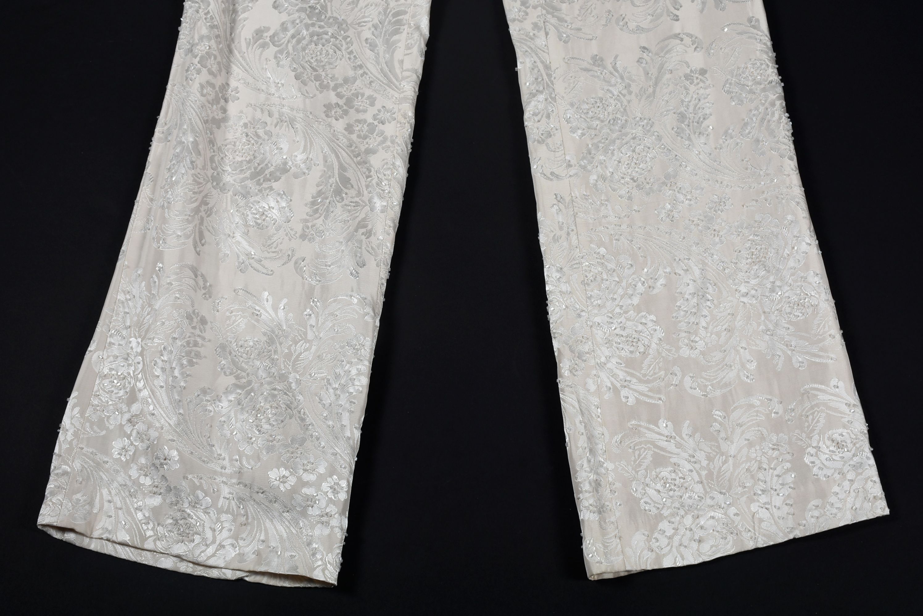 Ivory Brocade Dress Pants Embellished with Hand Sewn Beads