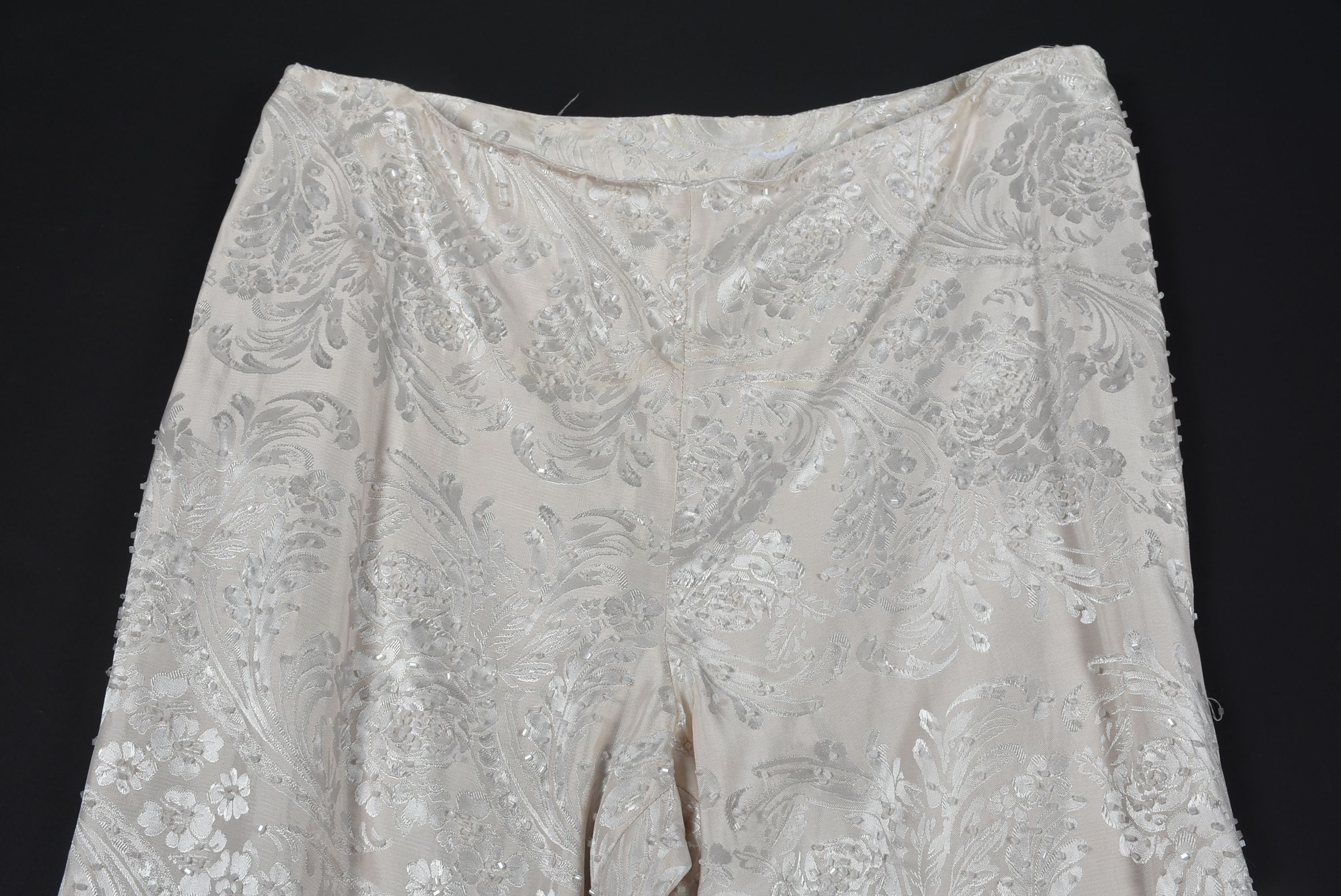 Ivory Brocade Dress Pants Embellished with Hand Sewn Beads