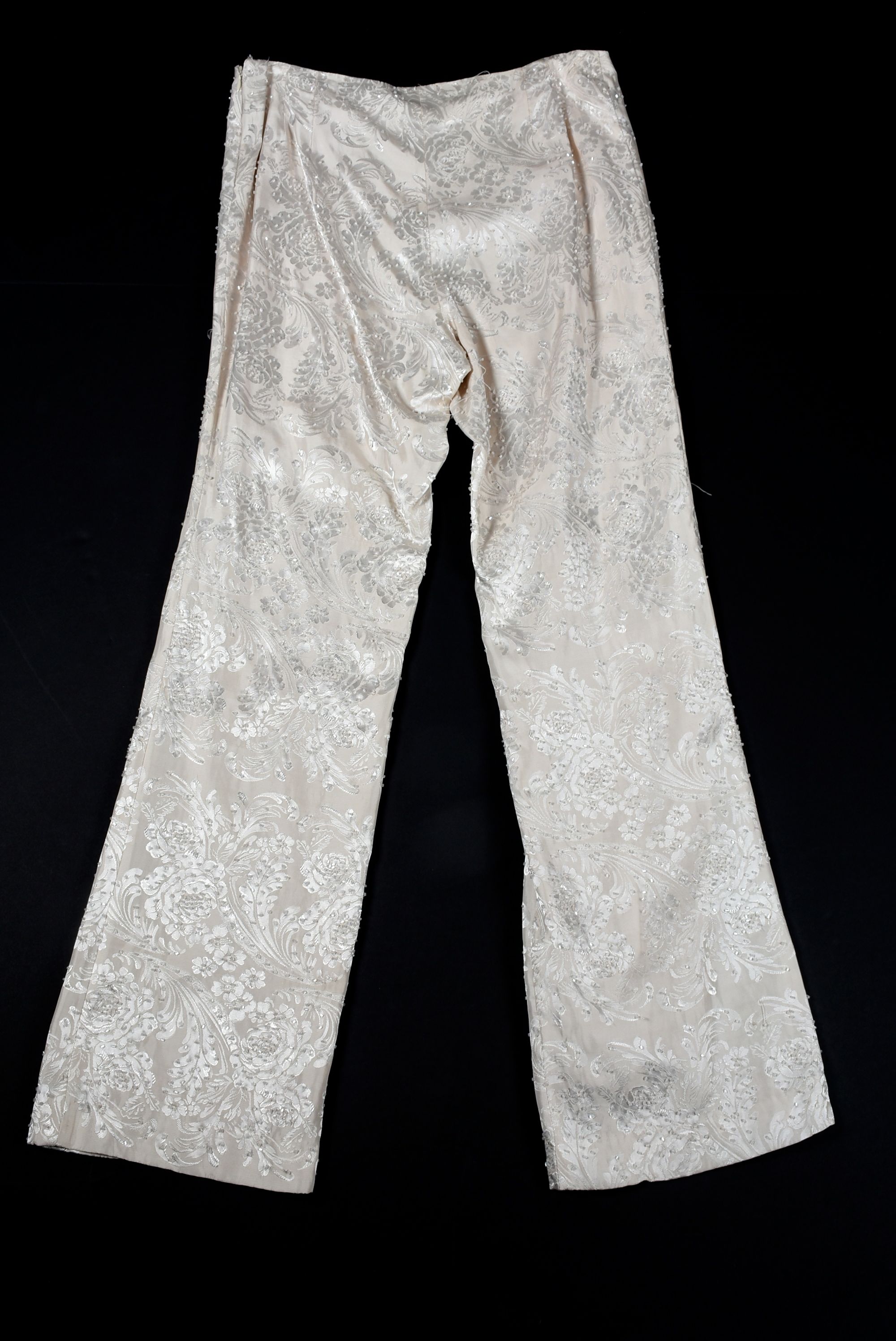 Ivory Brocade Dress Pants Embellished with Hand Sewn Beads