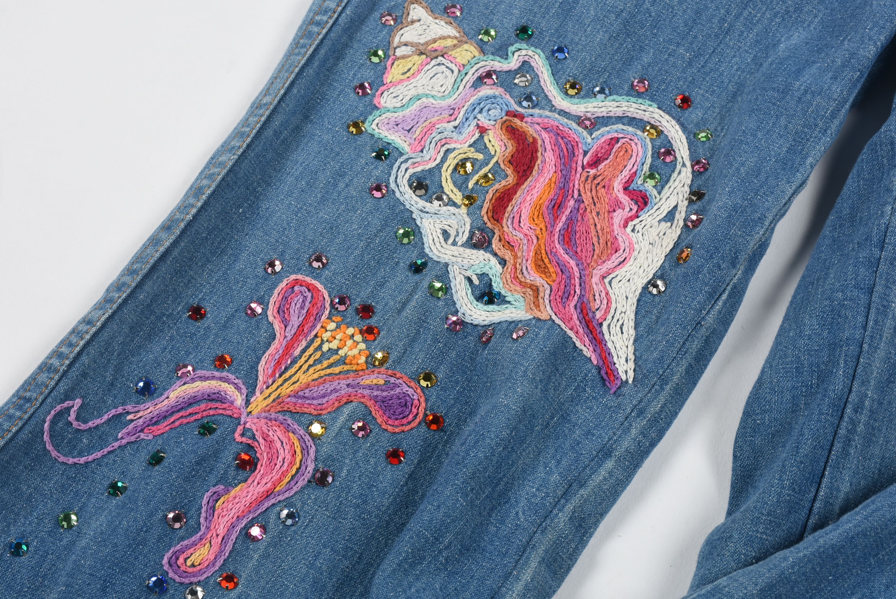 Tanya's 70s Vintage Bell Bottom Denim Jeans with Embroidery and Crystal Rhinestones