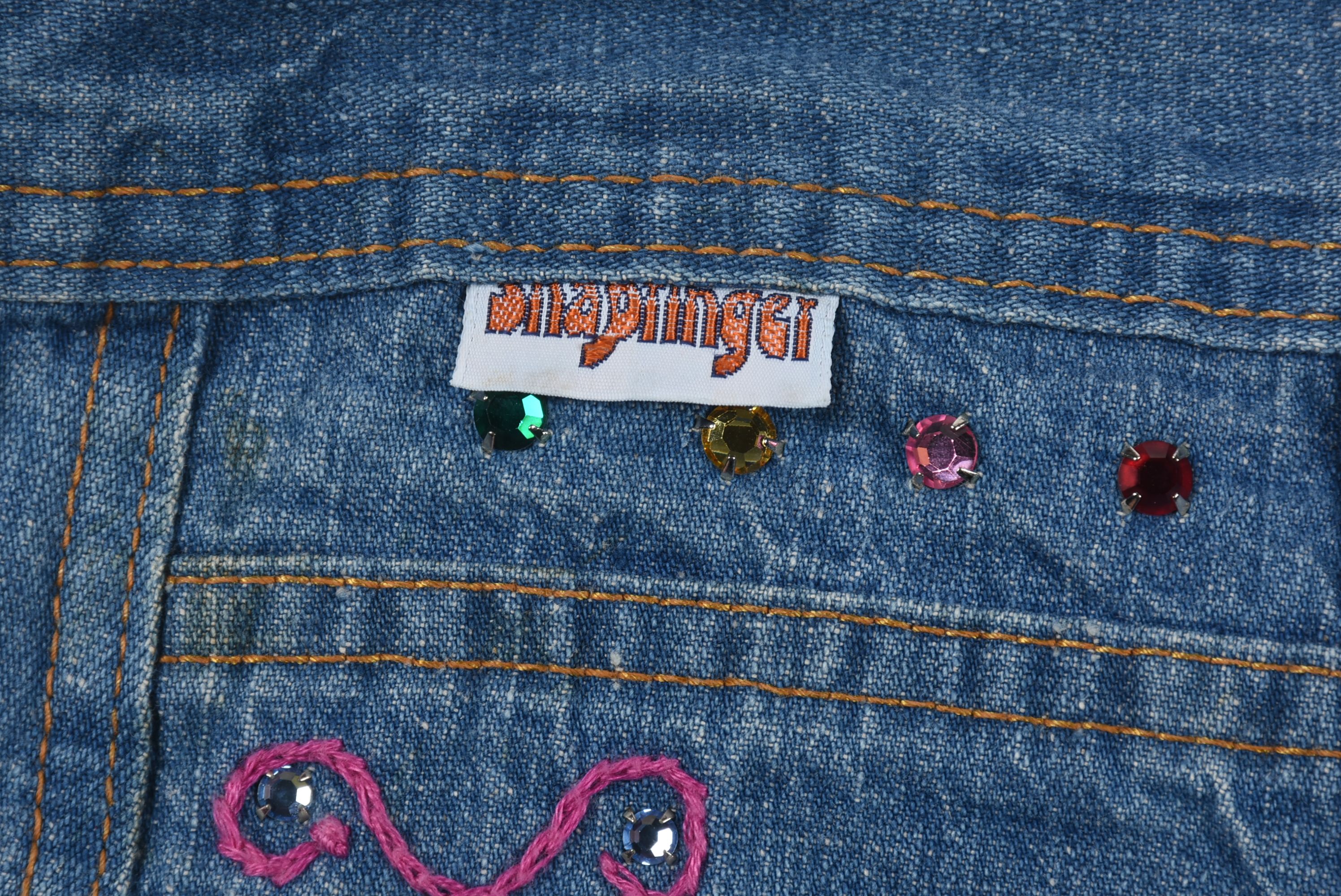 Tanya's 70s Vintage Bell Bottom Denim Jeans with Embroidery and Crystal Rhinestones