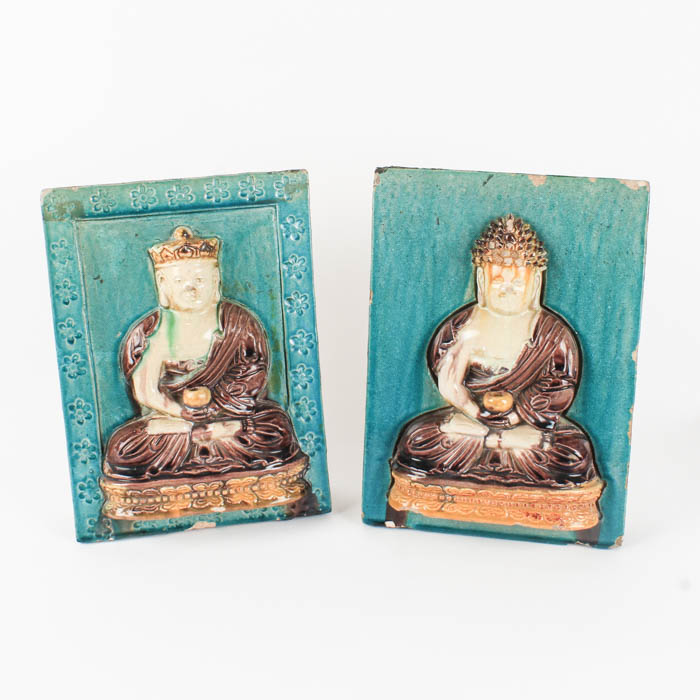 Pair of Glazed Stone Buddhist Plaques