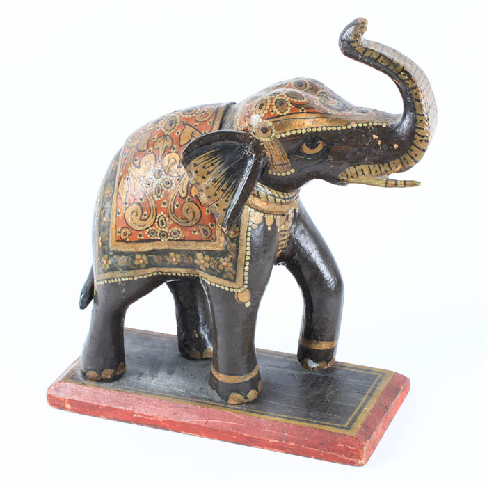 Antique Hand Painted Wood Carved Elephant
