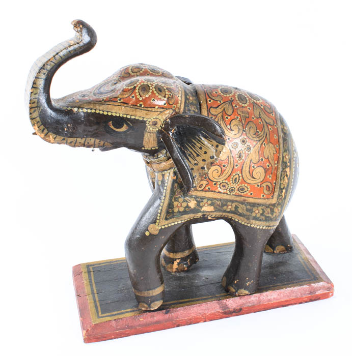 Antique Hand Painted Wood Carved Elephant