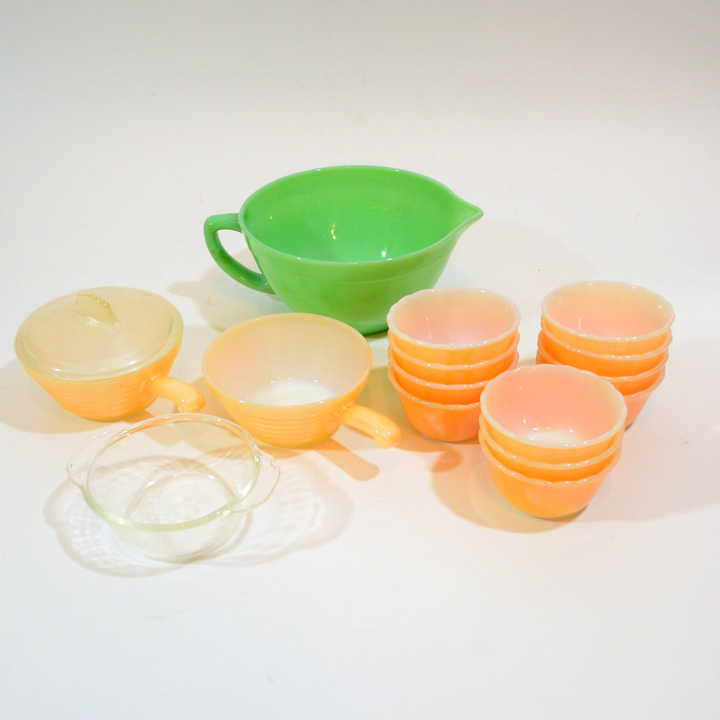 Fire King Jadeite Batter Bowl, Peach Lustre Custard Cups and Soup Crocks