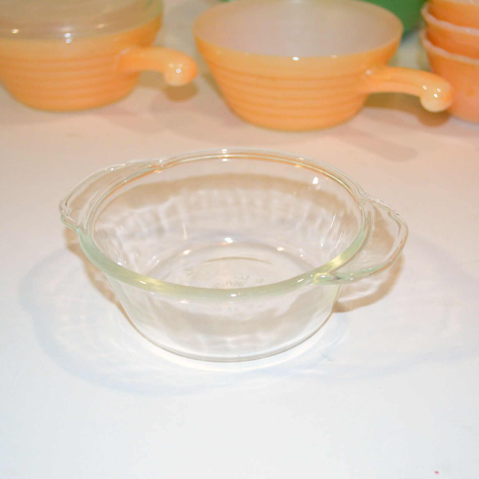 Fire King Jadeite Batter Bowl, Peach Lustre Custard Cups and Soup Crocks