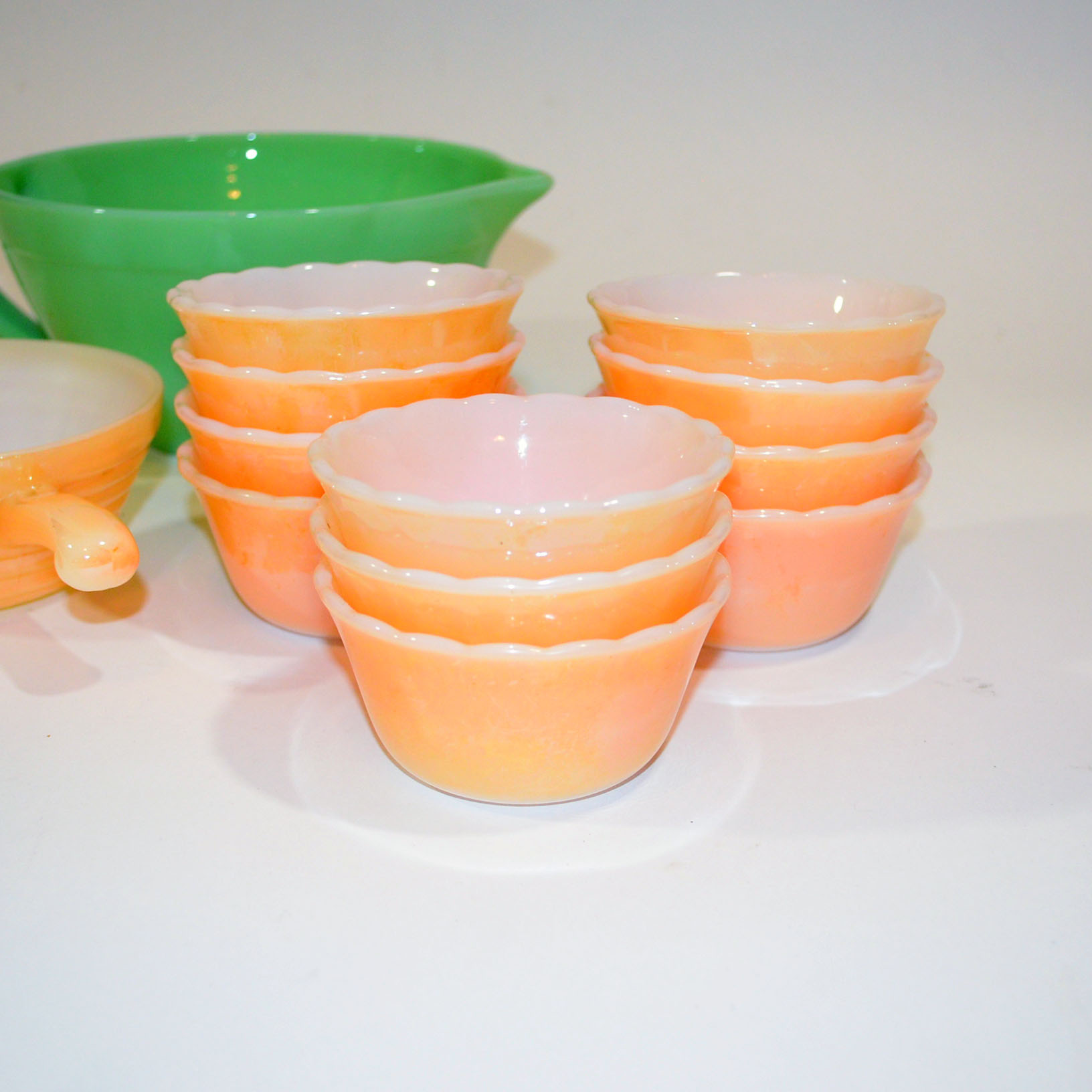 Fire King Jadeite Batter Bowl, Peach Lustre Custard Cups and Soup Crocks