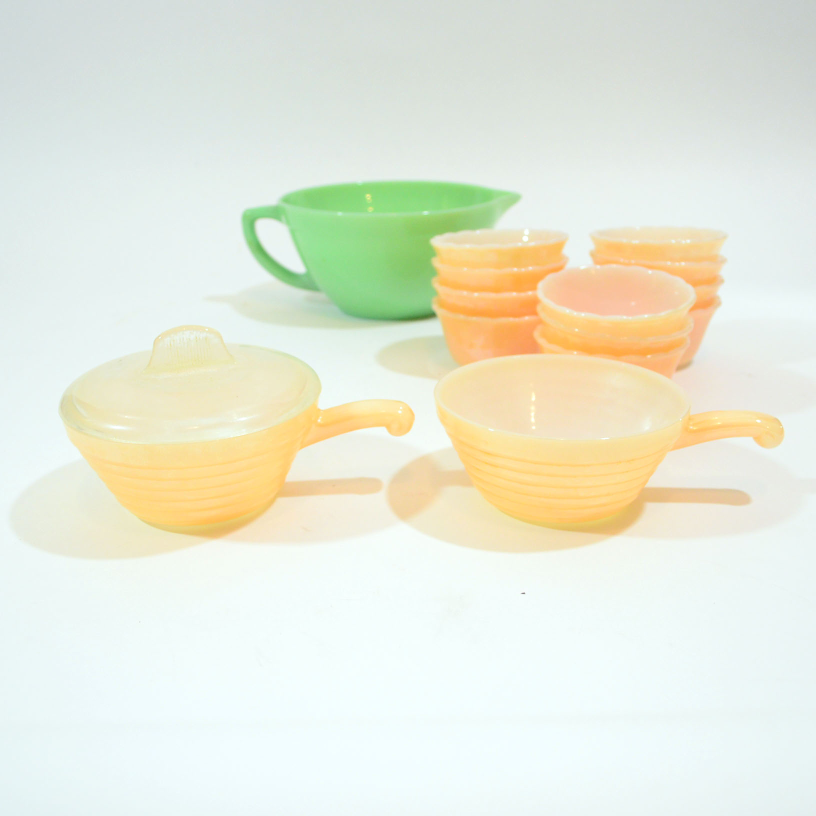 Fire King Jadeite Batter Bowl, Peach Lustre Custard Cups and Soup Crocks