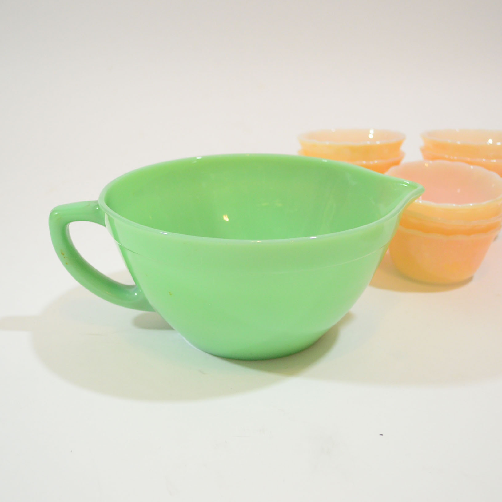 Fire King Jadeite Batter Bowl, Peach Lustre Custard Cups and Soup Crocks