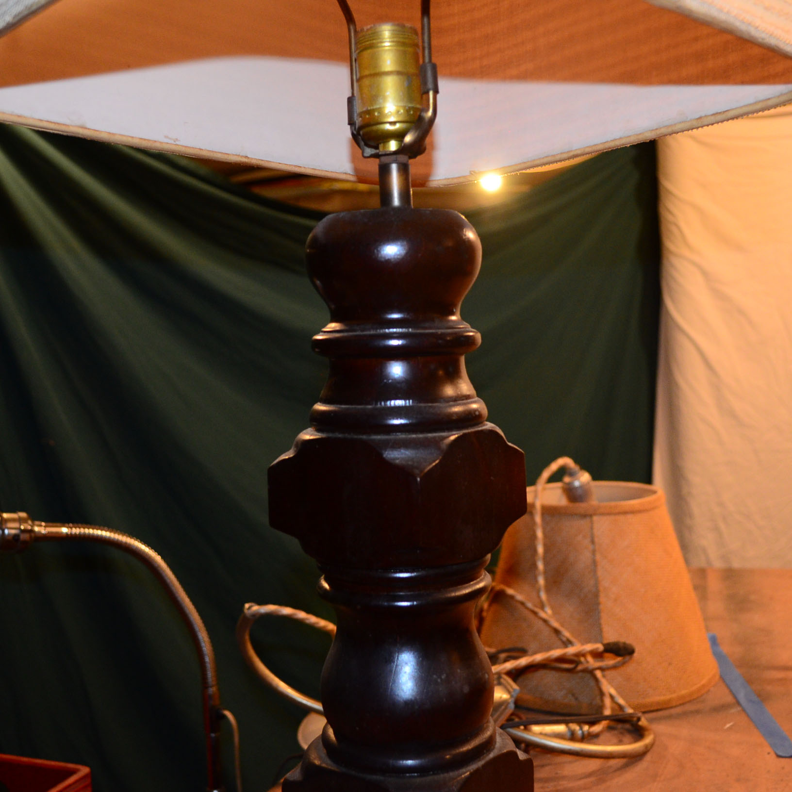 Vintage Wooden Table Lamp with Square Shade