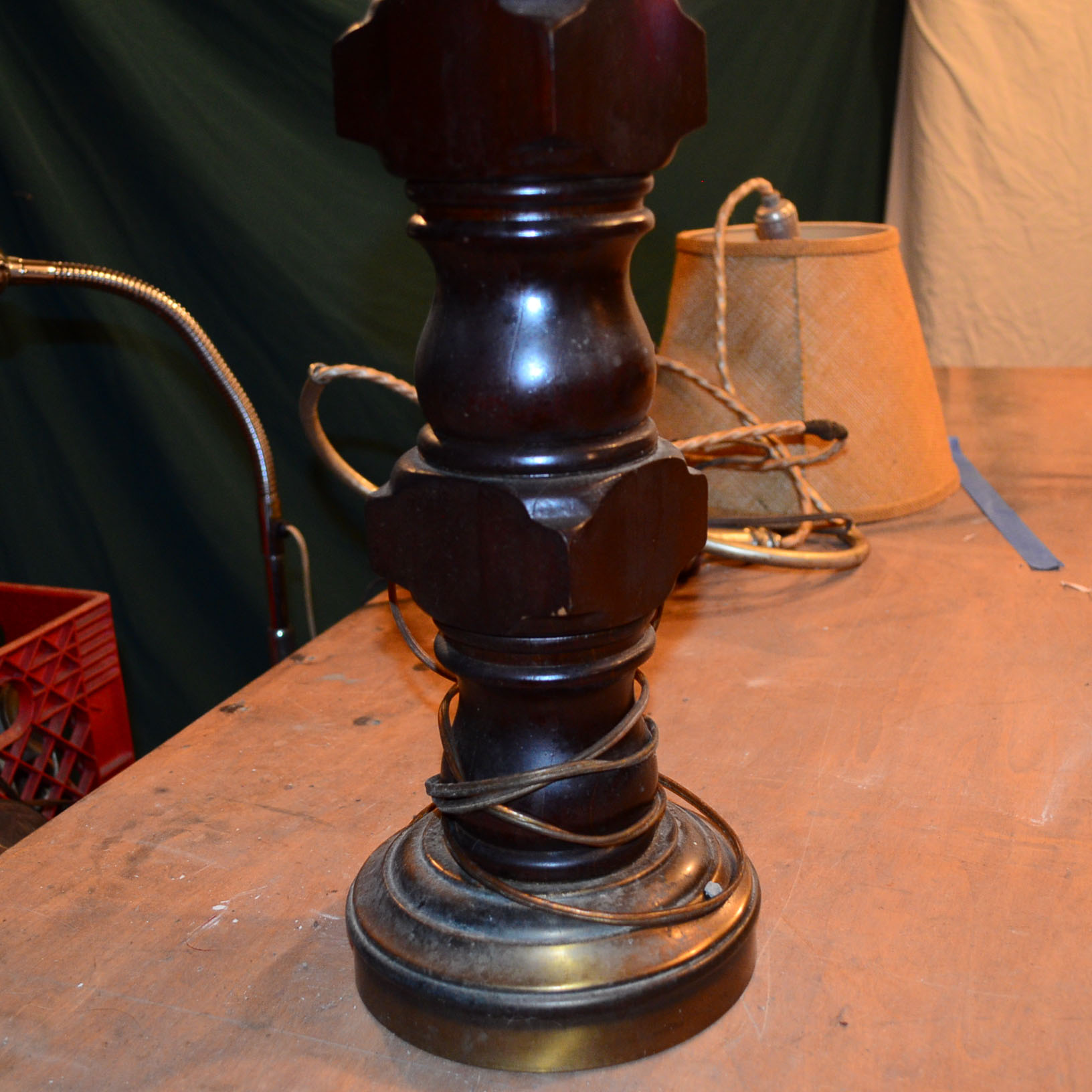 Vintage Wooden Table Lamp with Square Shade