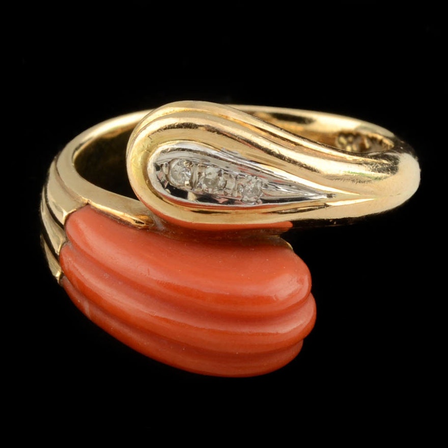 14K Yellow Gold, Carved Coral, and Diamond Bypass Ring