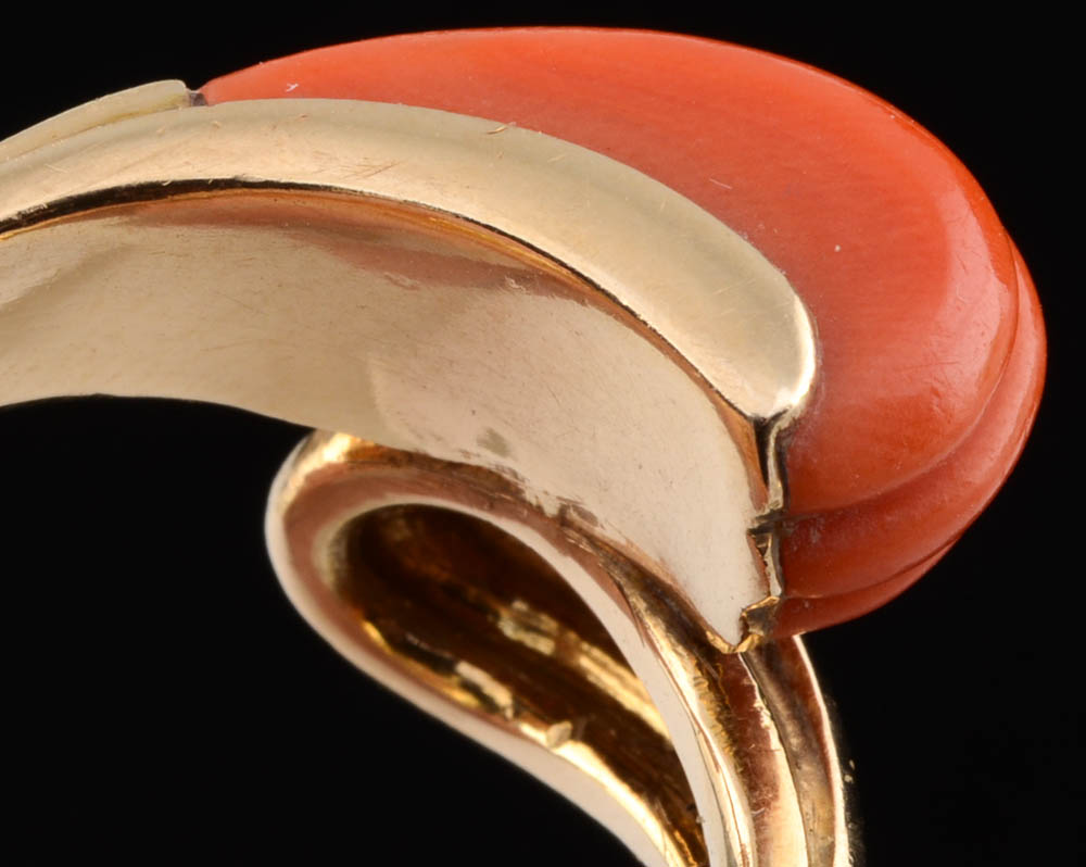14K Yellow Gold, Carved Coral, and Diamond Bypass Ring