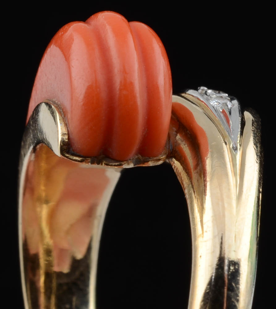 14K Yellow Gold, Carved Coral, and Diamond Bypass Ring