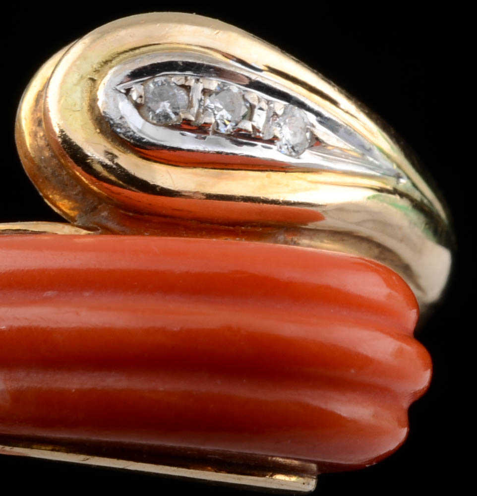 14K Yellow Gold, Carved Coral, and Diamond Bypass Ring