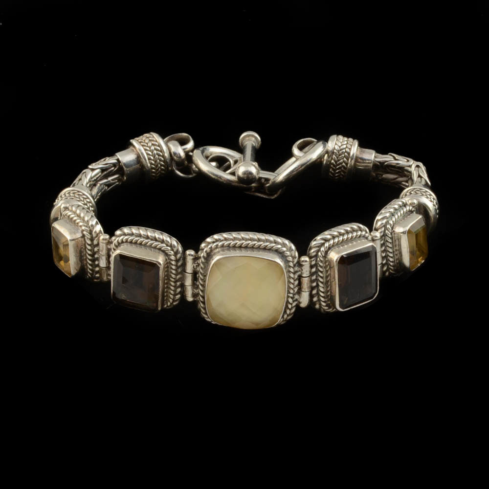 Indonesian Sterling Silver Quartz, Smoky Topaz, and Citrine Hinge Bracelet