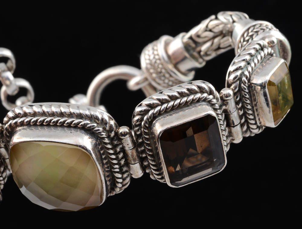 Indonesian Sterling Silver Quartz, Smoky Topaz, and Citrine Hinge Bracelet