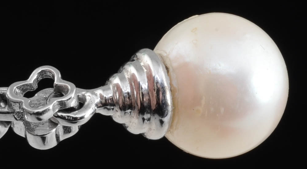 14K White Gold Pearl and Diamond Drop Earrings