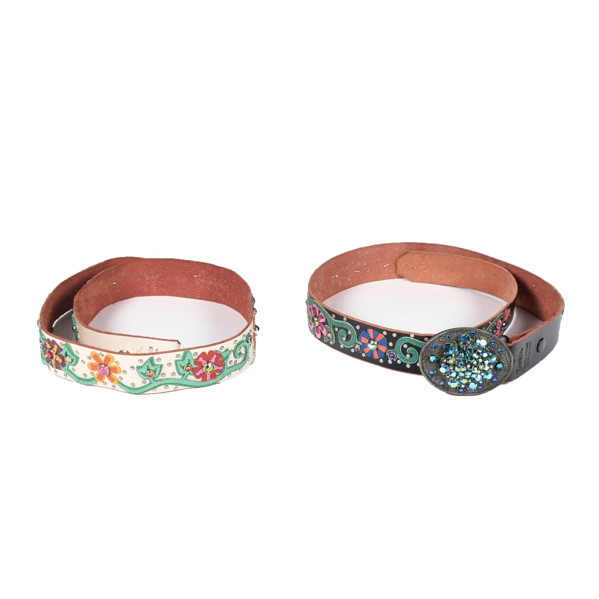 A Pair of Custom Jeri Hart Multi-Color Leather Belts in Off-White and Black with Rhinestones