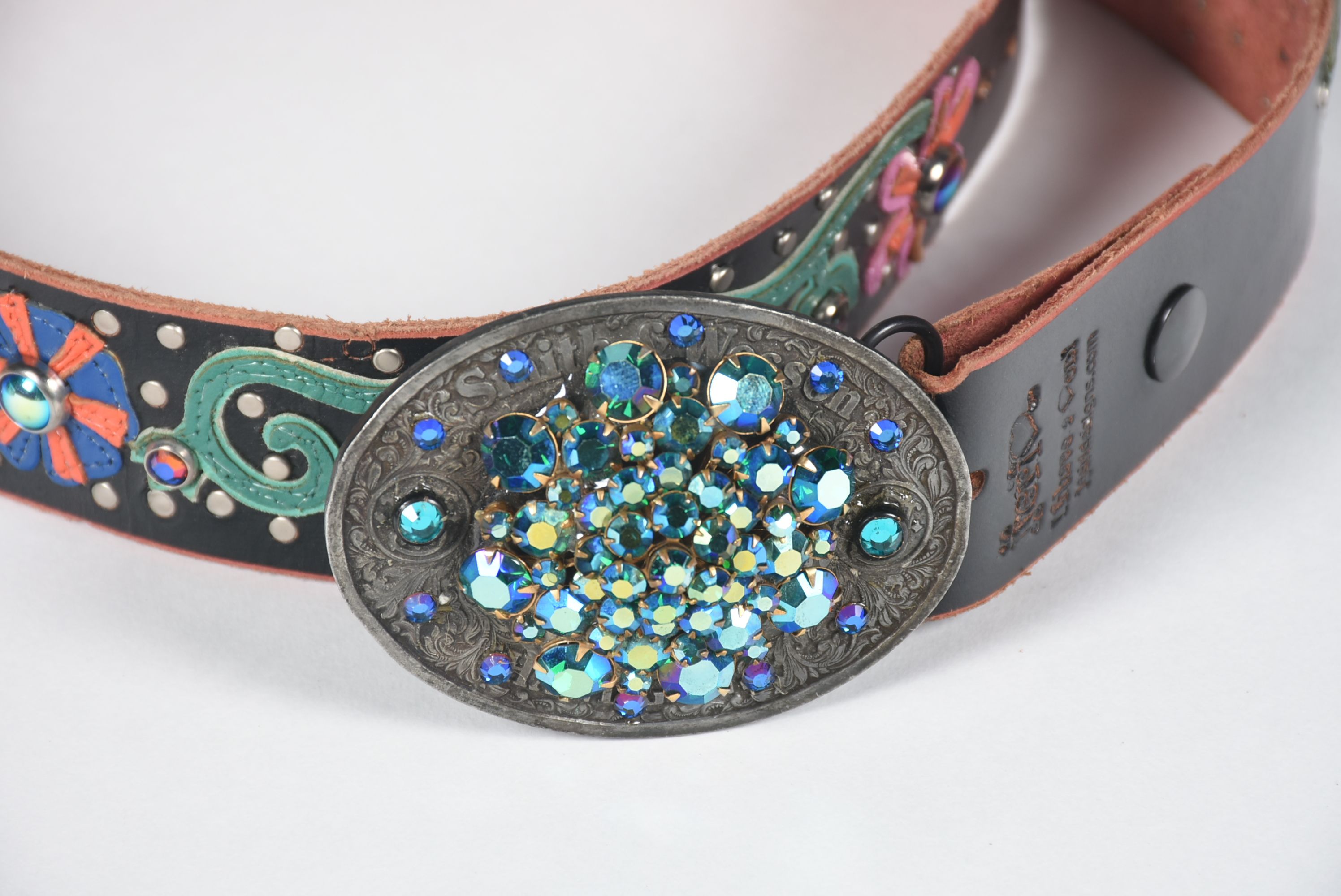 A Pair of Custom Jeri Hart Multi-Color Leather Belts in Off-White and Black with Rhinestones
