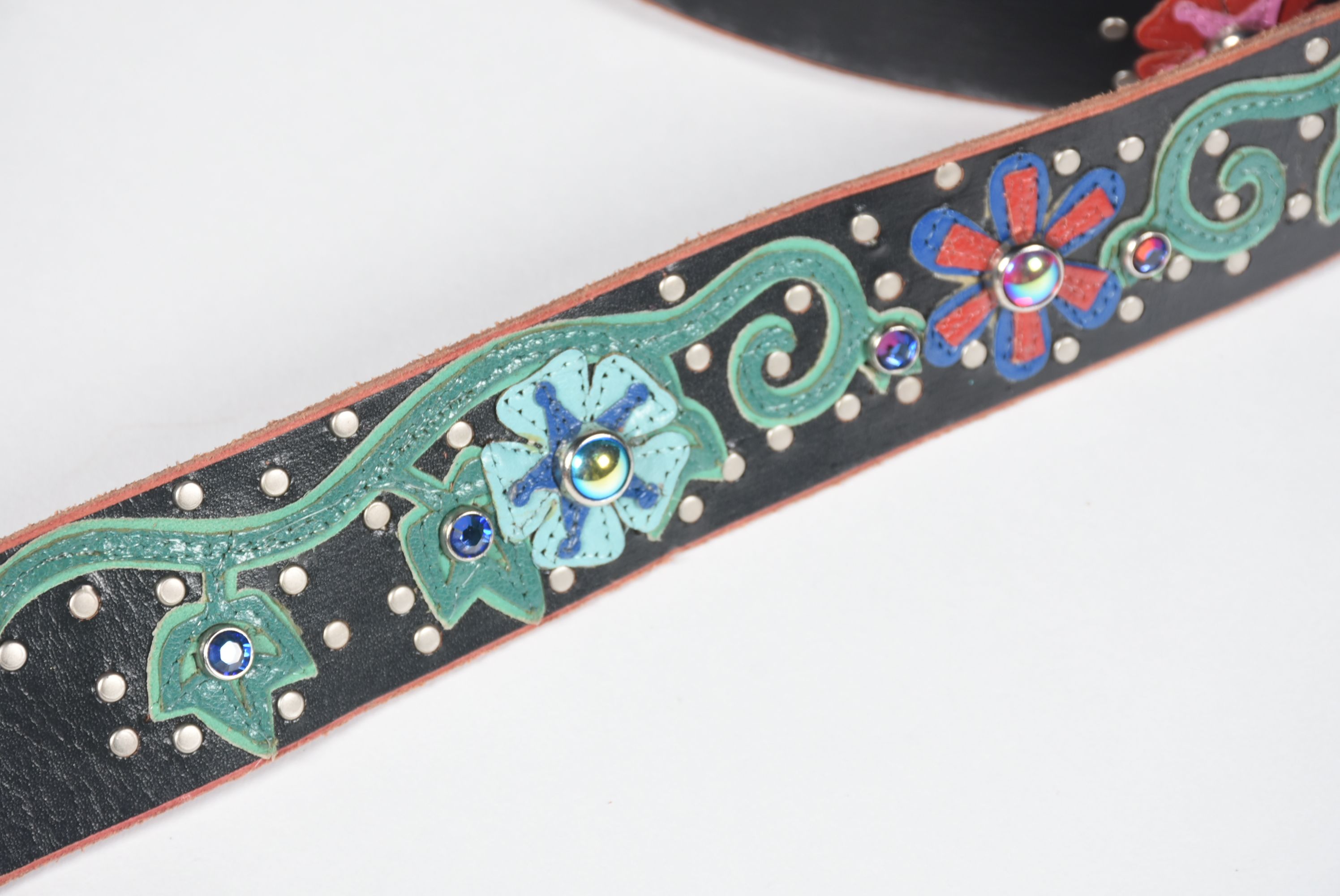 A Pair of Custom Jeri Hart Multi-Color Leather Belts in Off-White and Black with Rhinestones