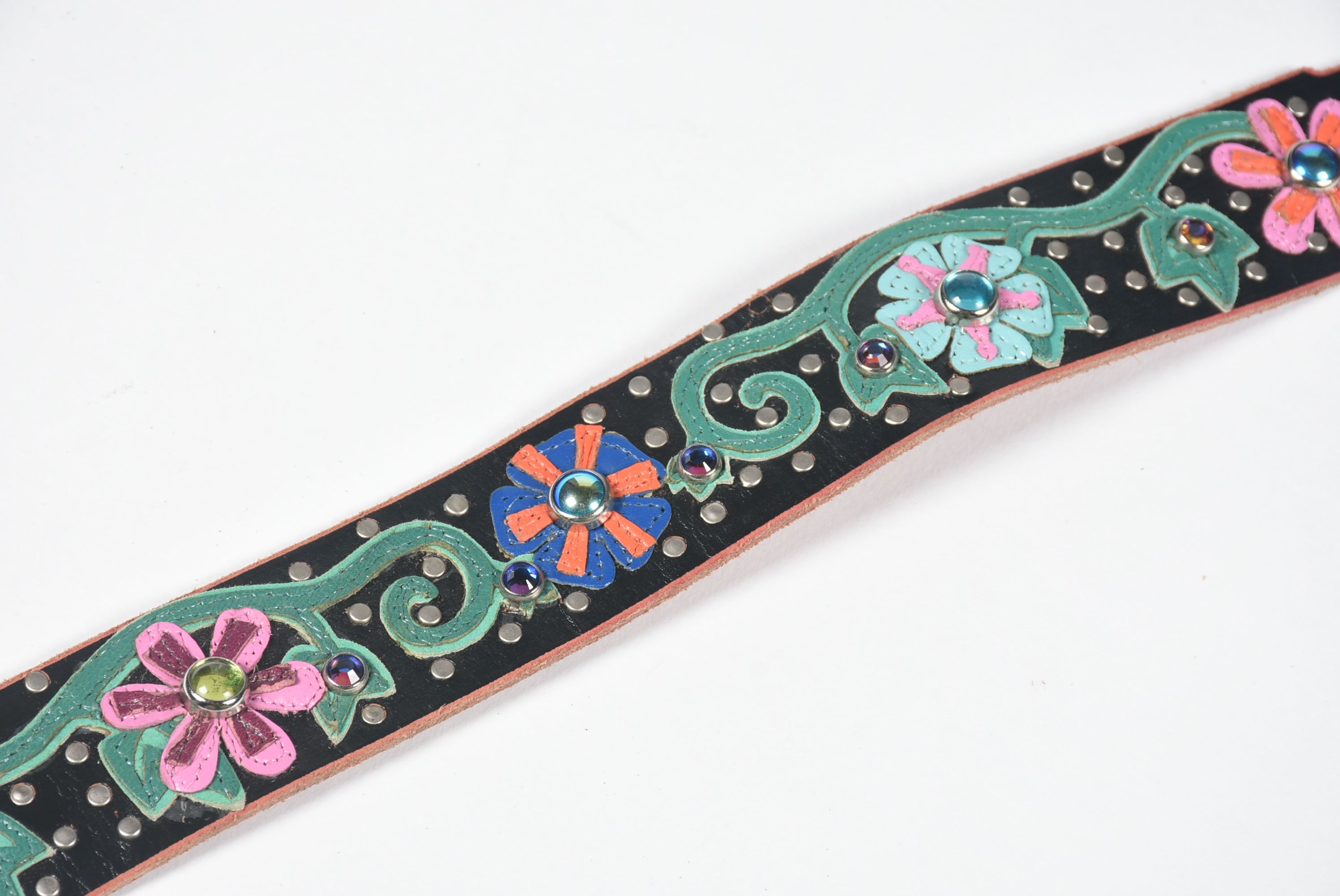 A Pair of Custom Jeri Hart Multi-Color Leather Belts in Off-White and Black with Rhinestones