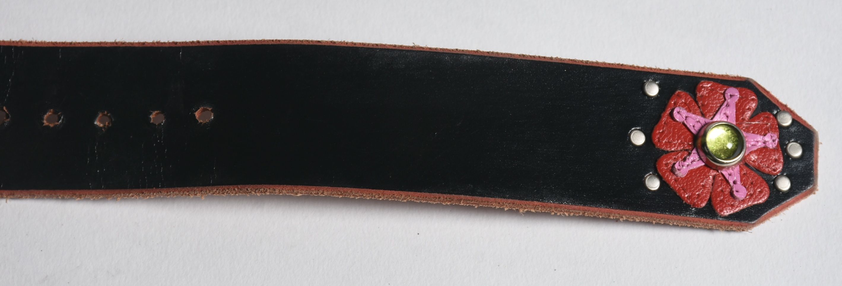 A Pair of Custom Jeri Hart Multi-Color Leather Belts in Off-White and Black with Rhinestones