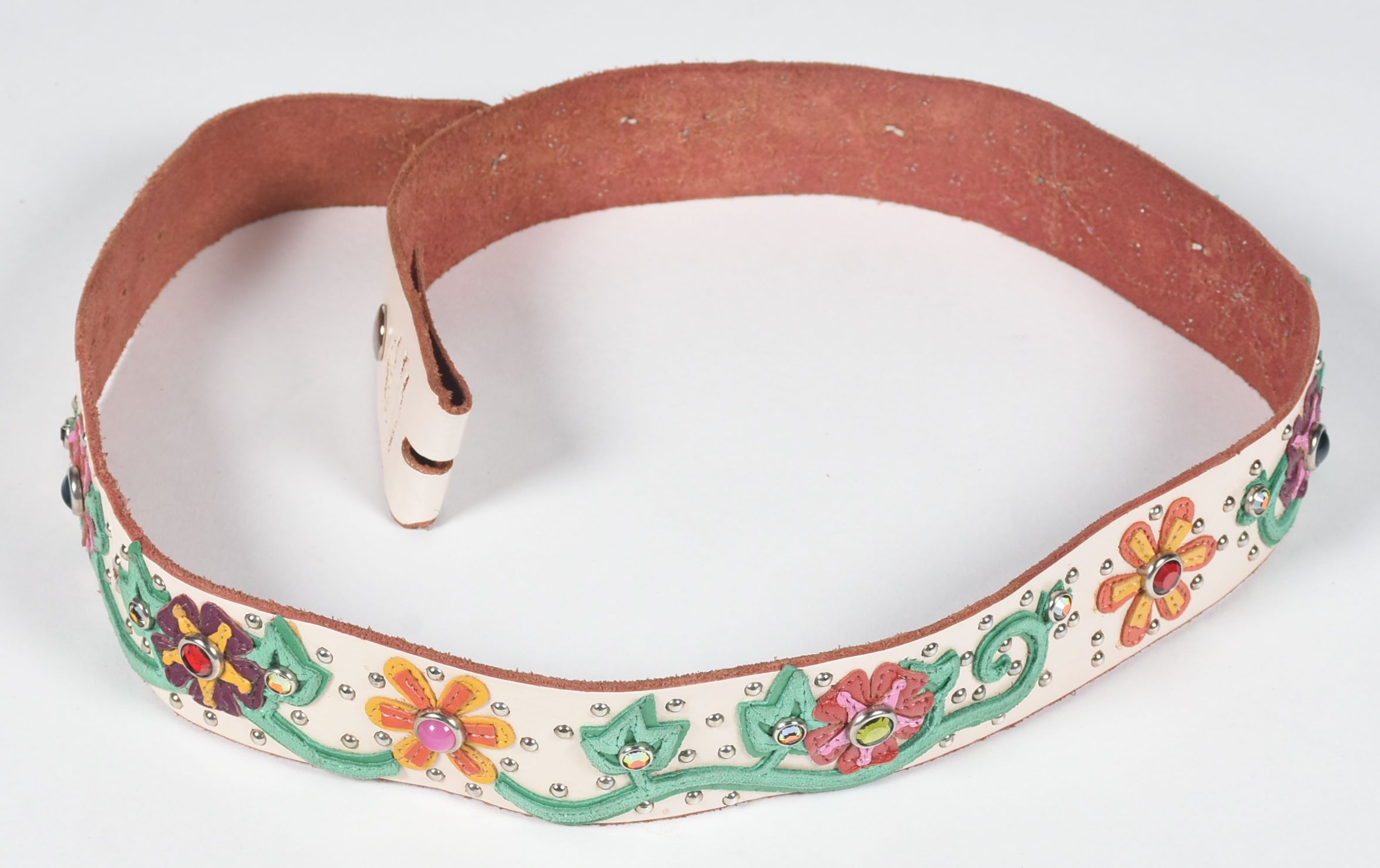 A Pair of Custom Jeri Hart Multi-Color Leather Belts in Off-White and Black with Rhinestones