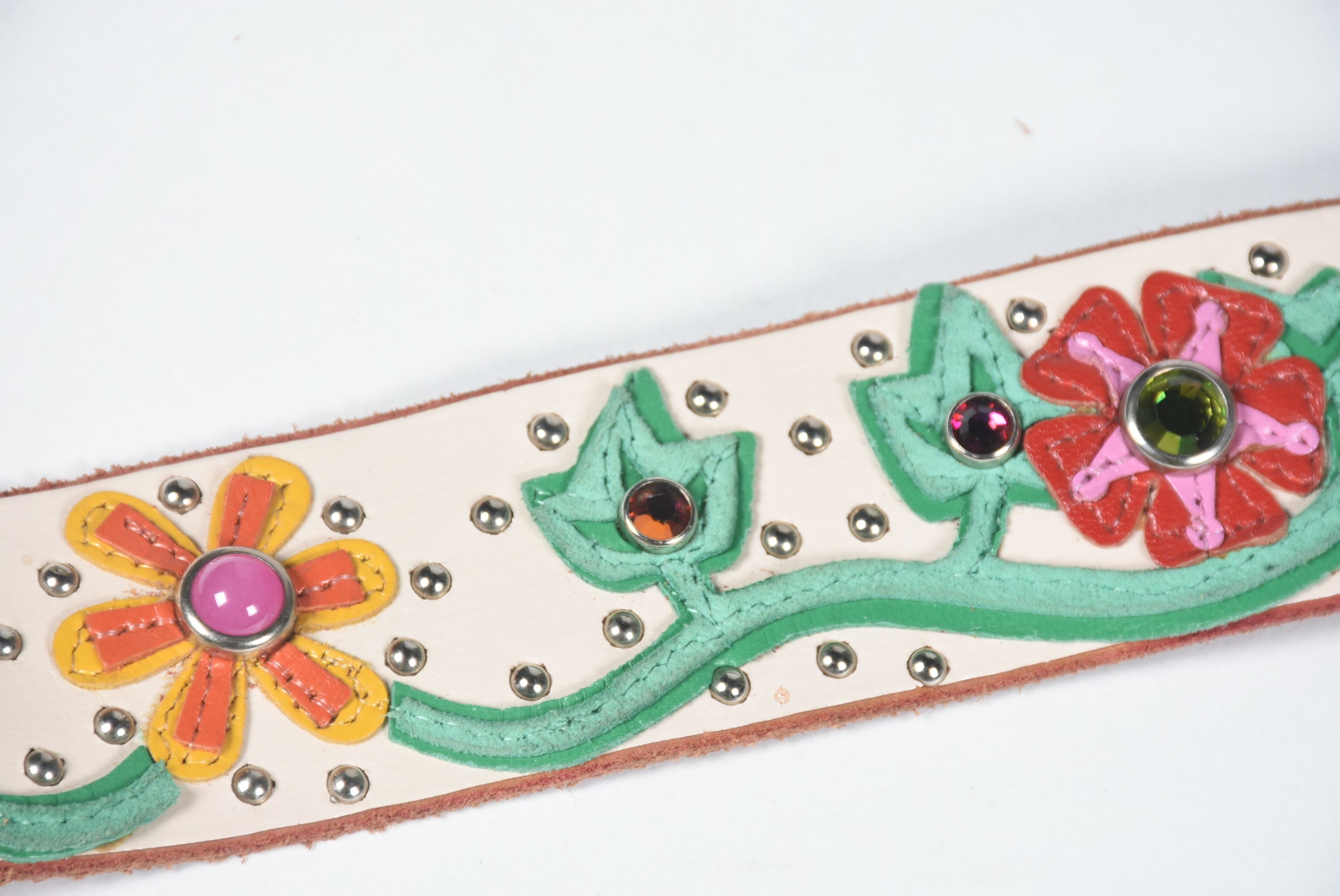 A Pair of Custom Jeri Hart Multi-Color Leather Belts in Off-White and Black with Rhinestones