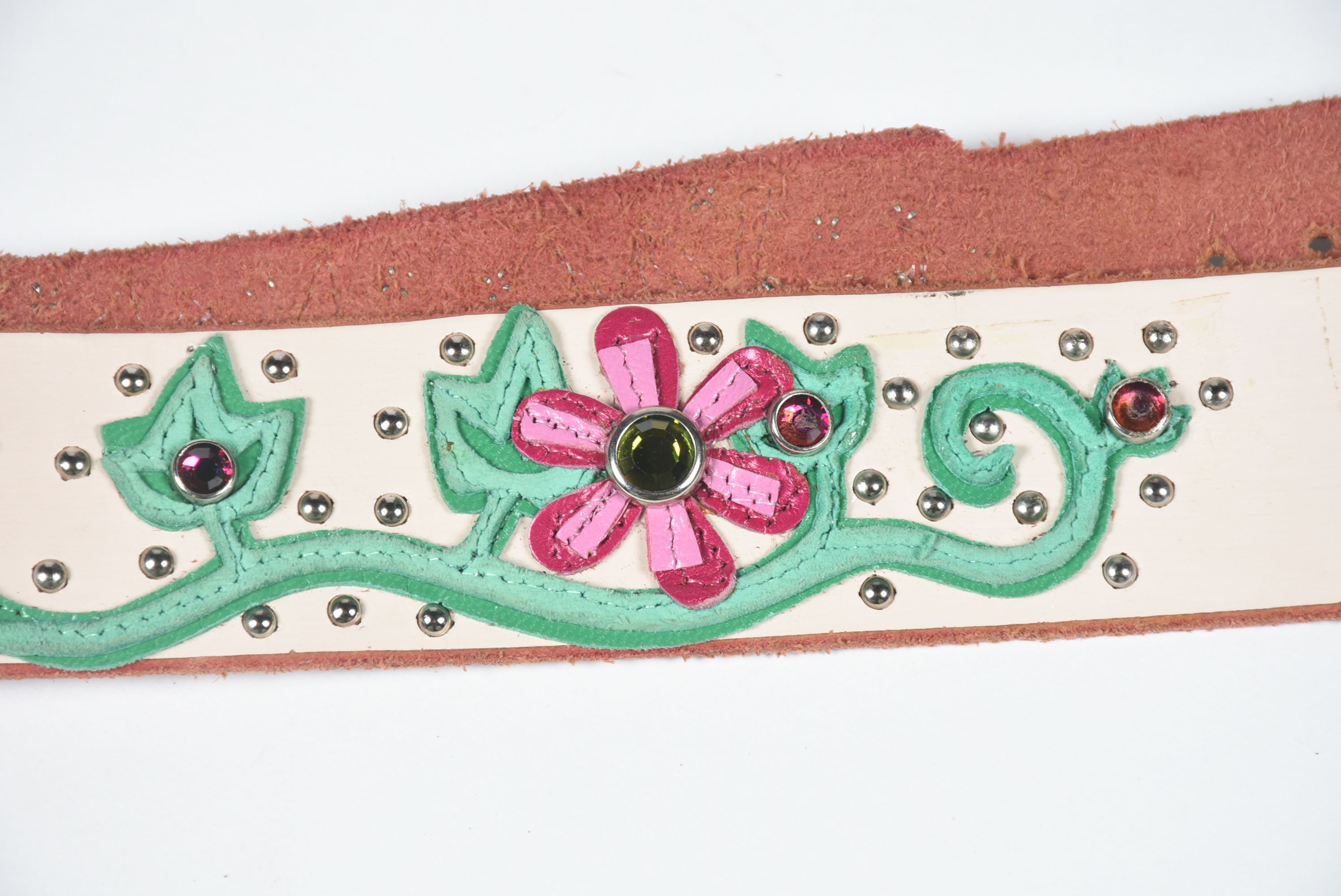 A Pair of Custom Jeri Hart Multi-Color Leather Belts in Off-White and Black with Rhinestones