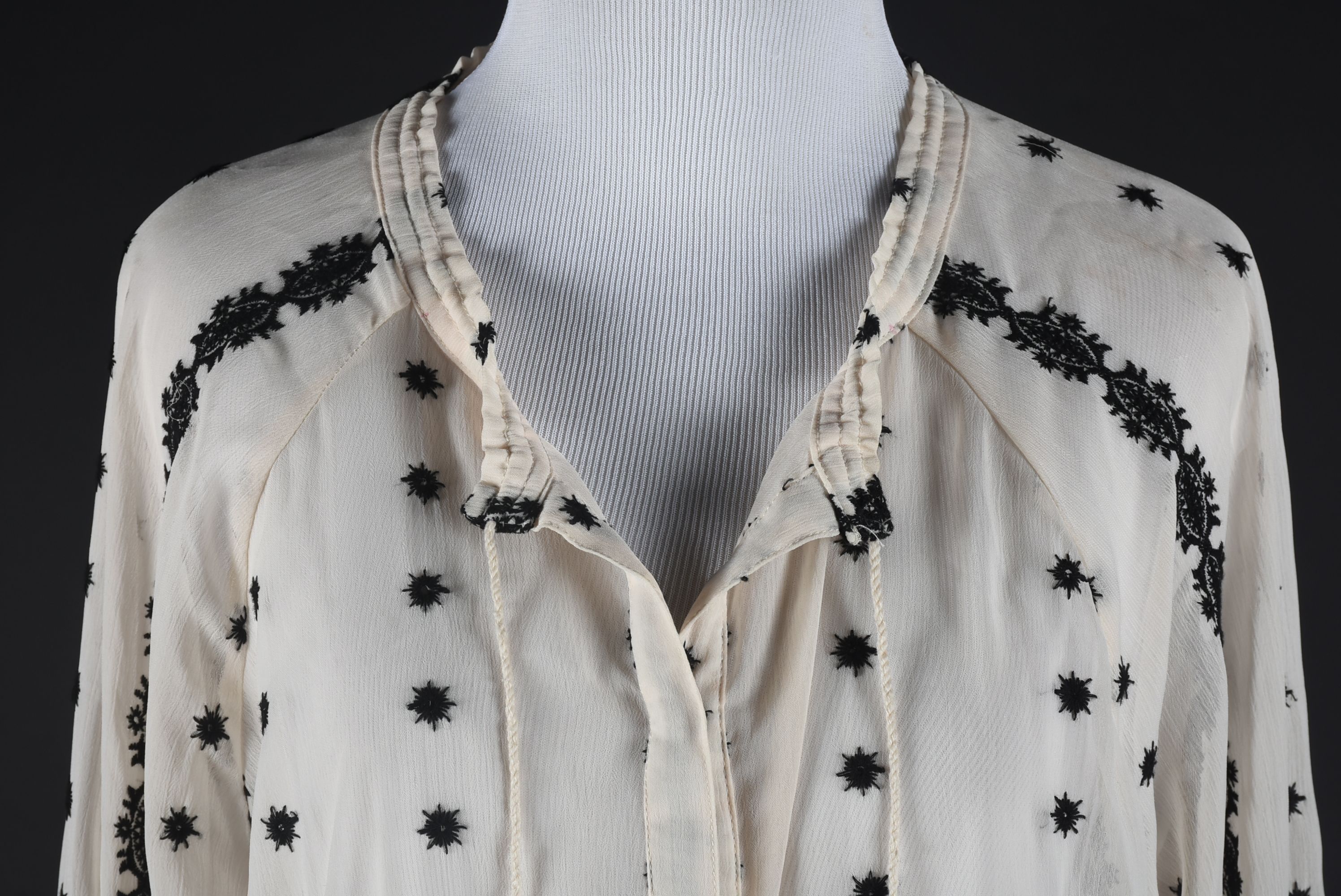 Off-White Peasant Blouse with Black Embroidery