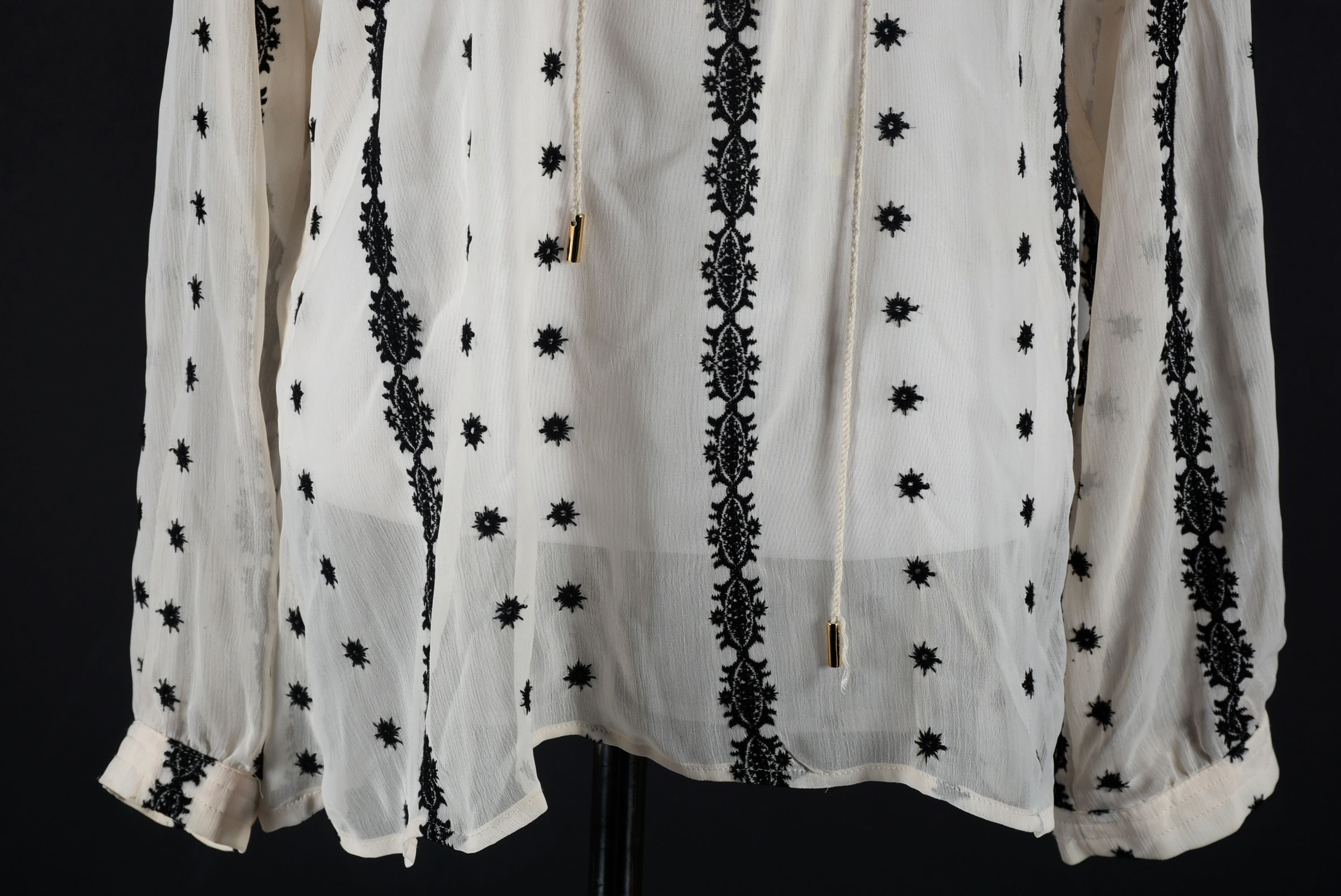 Off-White Peasant Blouse with Black Embroidery