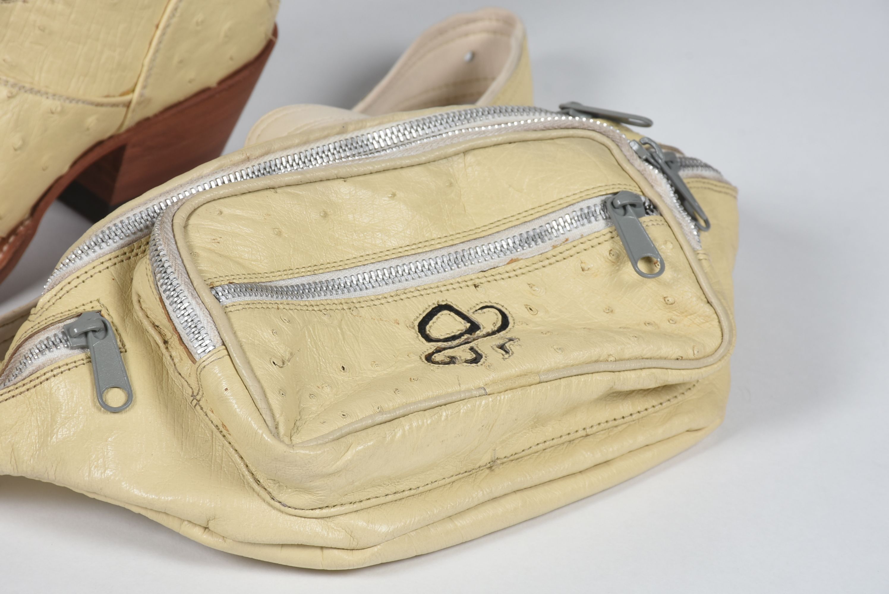 Custom-Made Ostrich Skin Cowgirl Boots with Tanya Tucker Logo and matching Fanny Pack