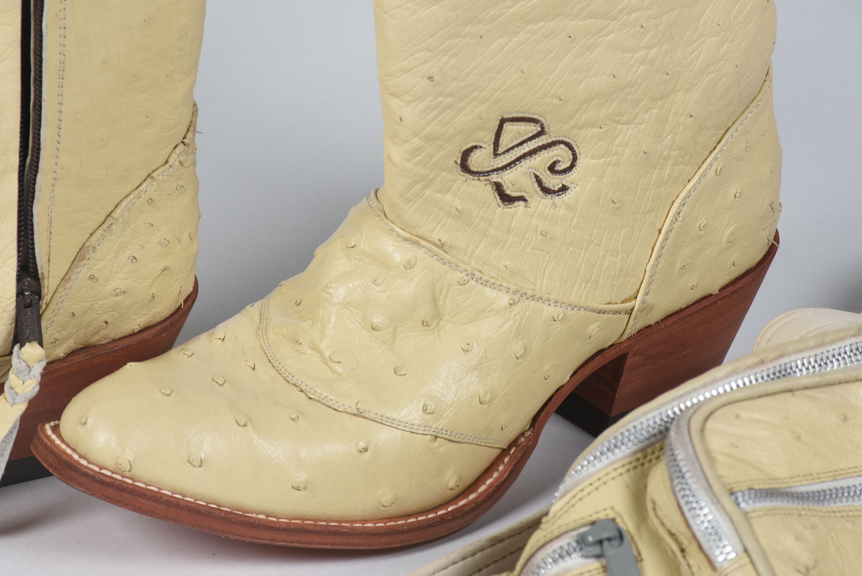Custom-Made Ostrich Skin Cowgirl Boots with Tanya Tucker Logo and matching Fanny Pack