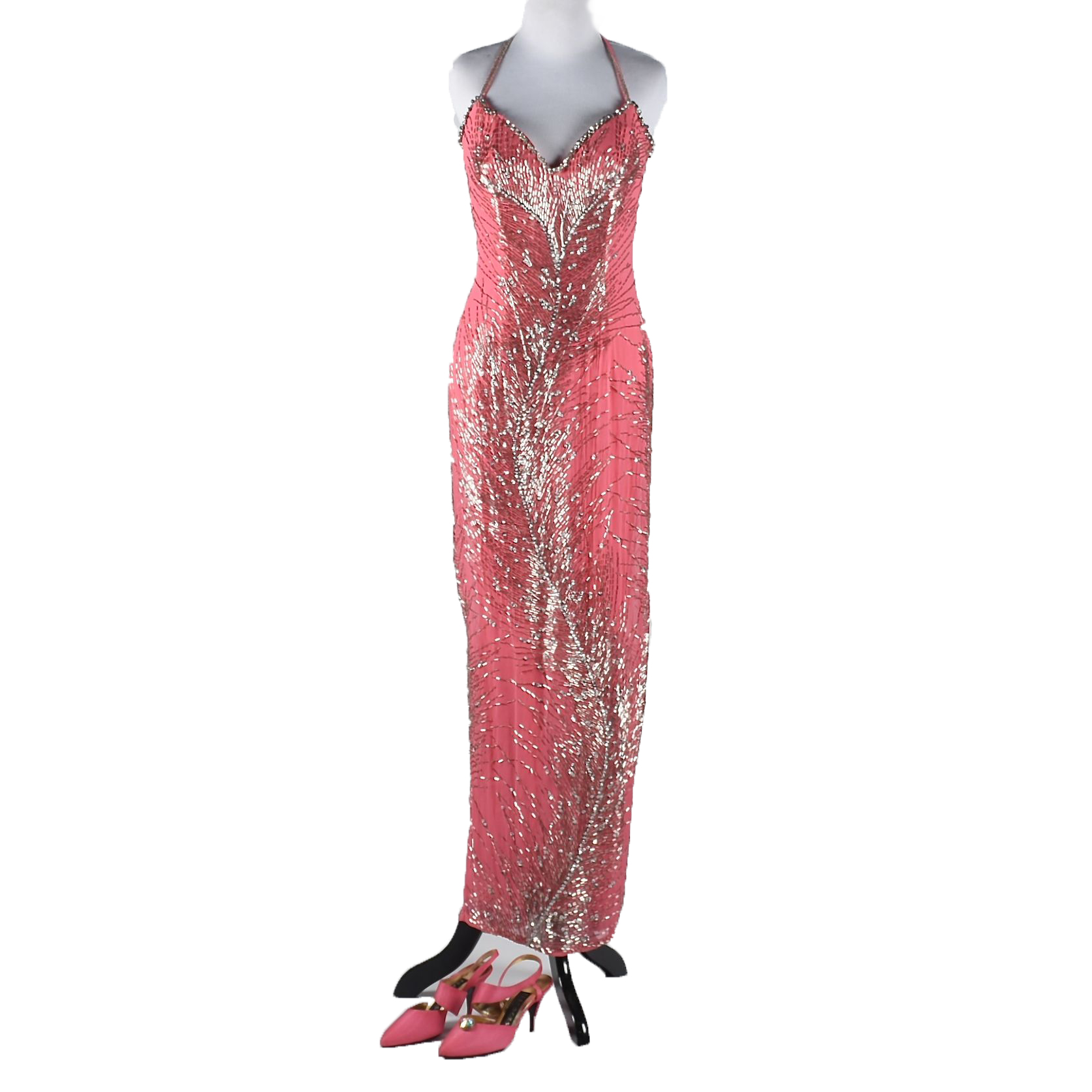 Cache Pink Silk Embellished Formal Gown with Slingbacks
