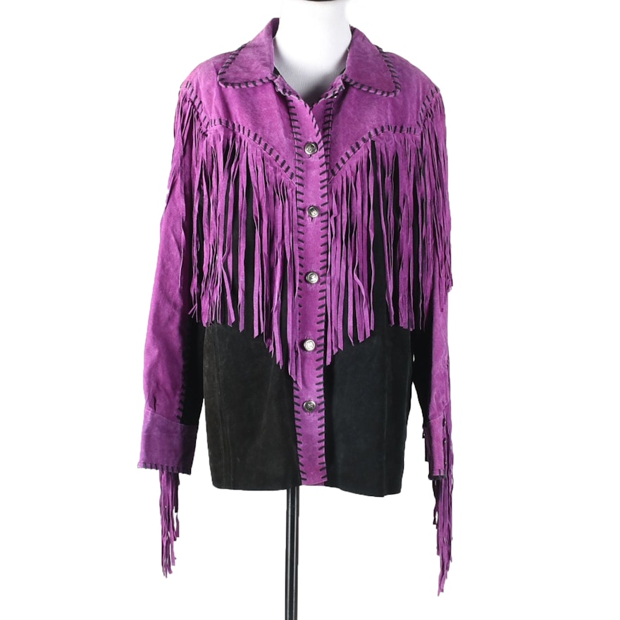 Bob Mackie Wearable Art Purple and Black Suede Leather Jacket with Fringe