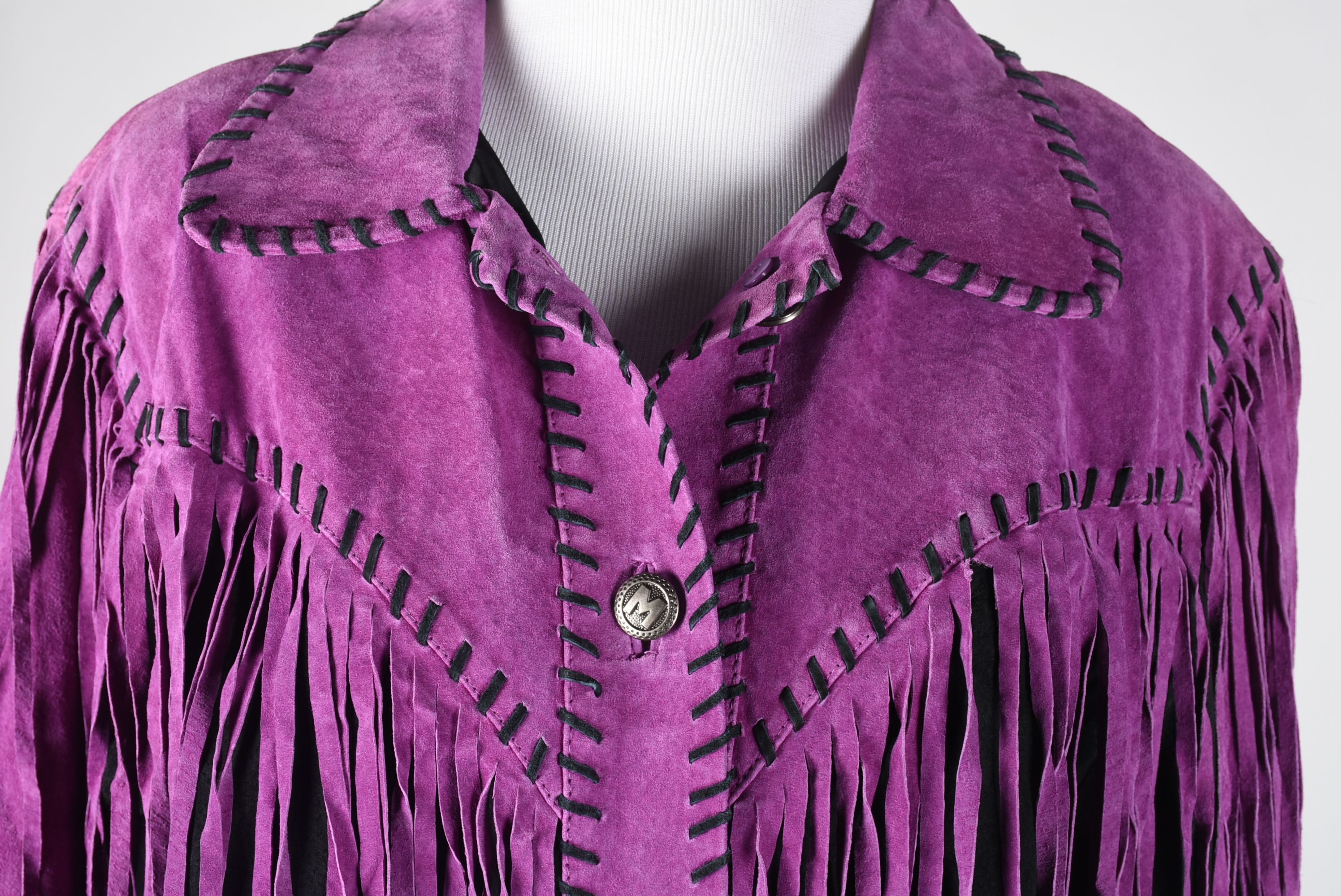 Bob Mackie Wearable Art Purple and Black Suede Leather Jacket with Fringe