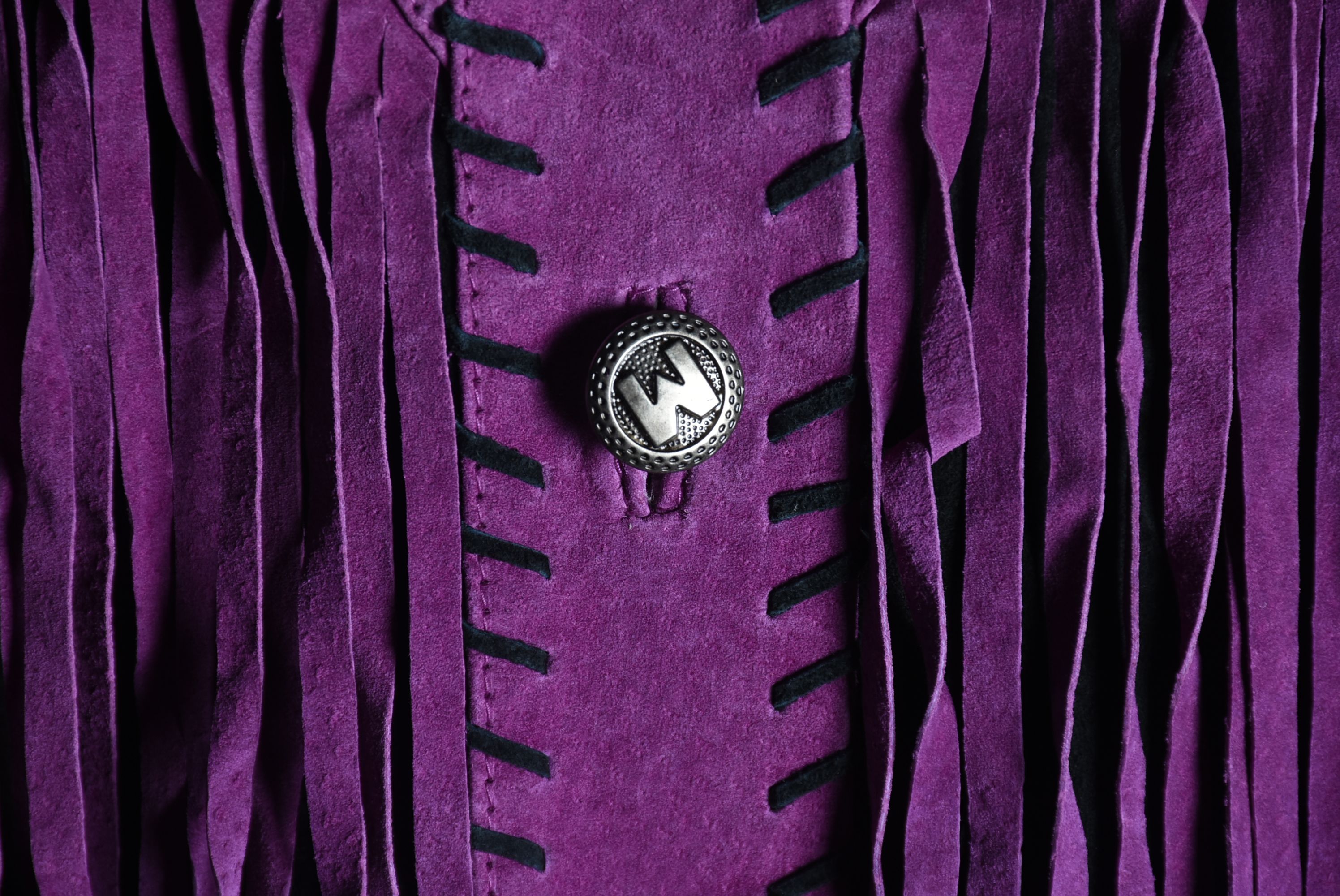 Bob Mackie Wearable Art Purple and Black Suede Leather Jacket with Fringe