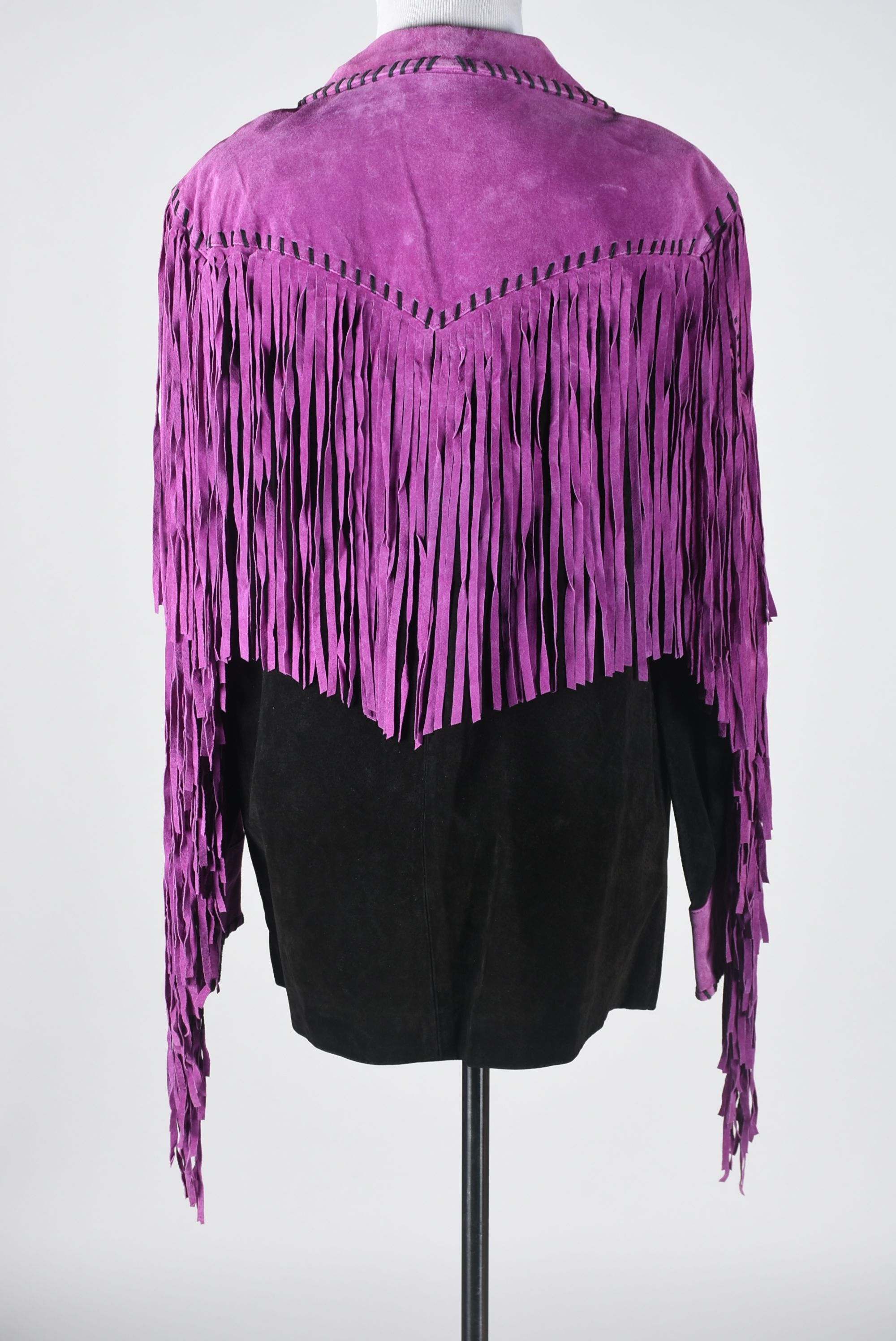Bob Mackie Wearable Art Purple and Black Suede Leather Jacket with Fringe