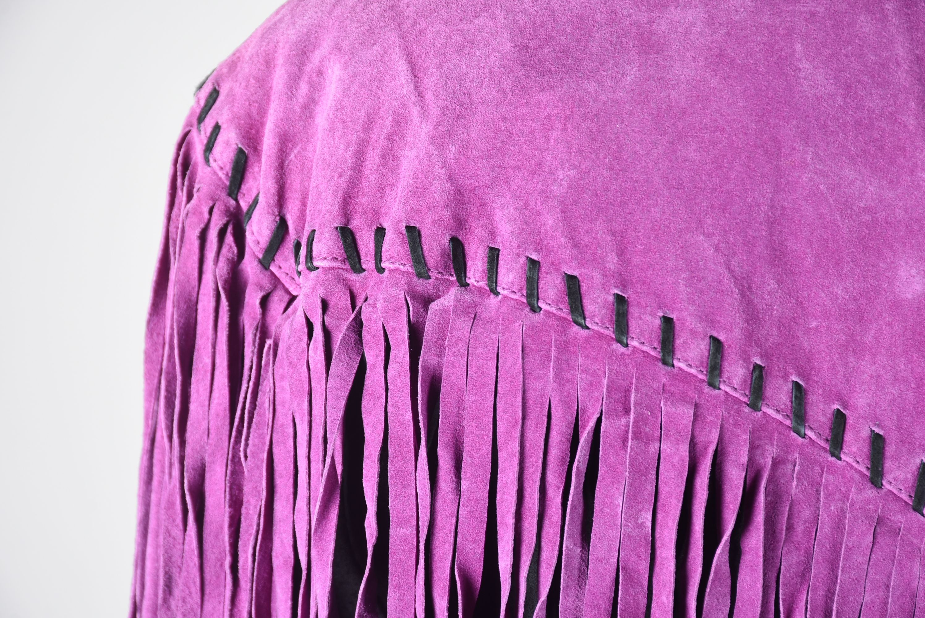 Bob Mackie Wearable Art Purple and Black Suede Leather Jacket with Fringe