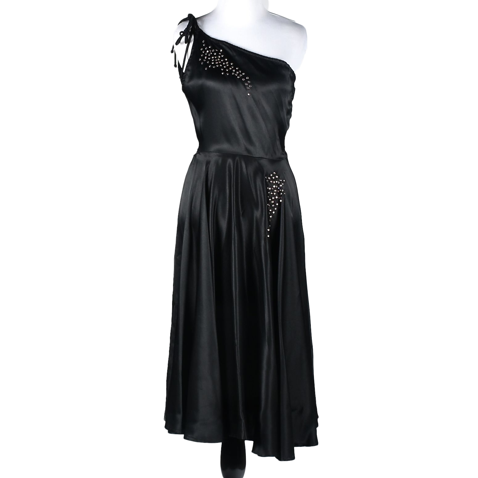 Vintage Black Satin Off the Shoulder Cocktail Dress with Pink Rhinestones