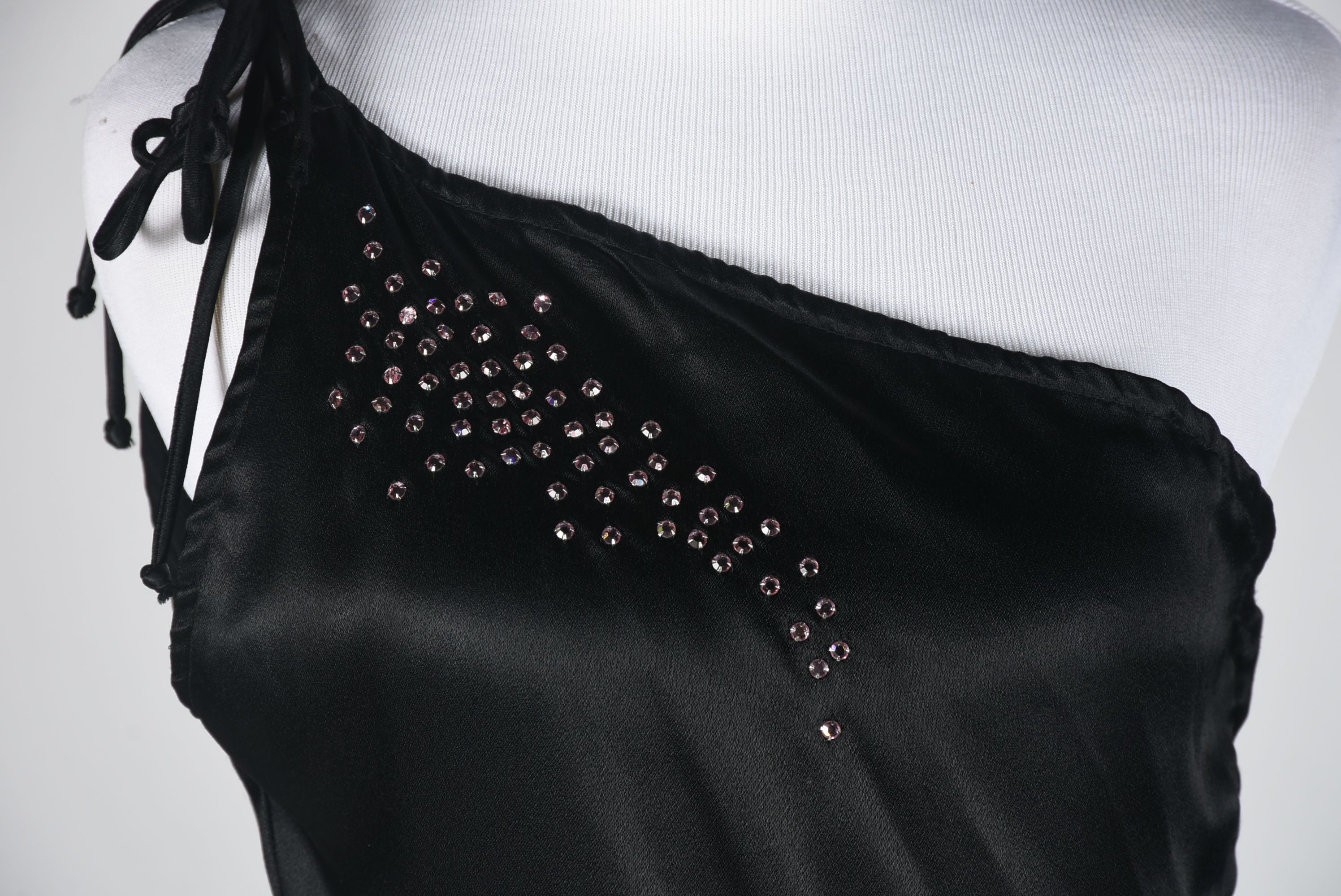 Vintage Black Satin Off the Shoulder Cocktail Dress with Pink Rhinestones