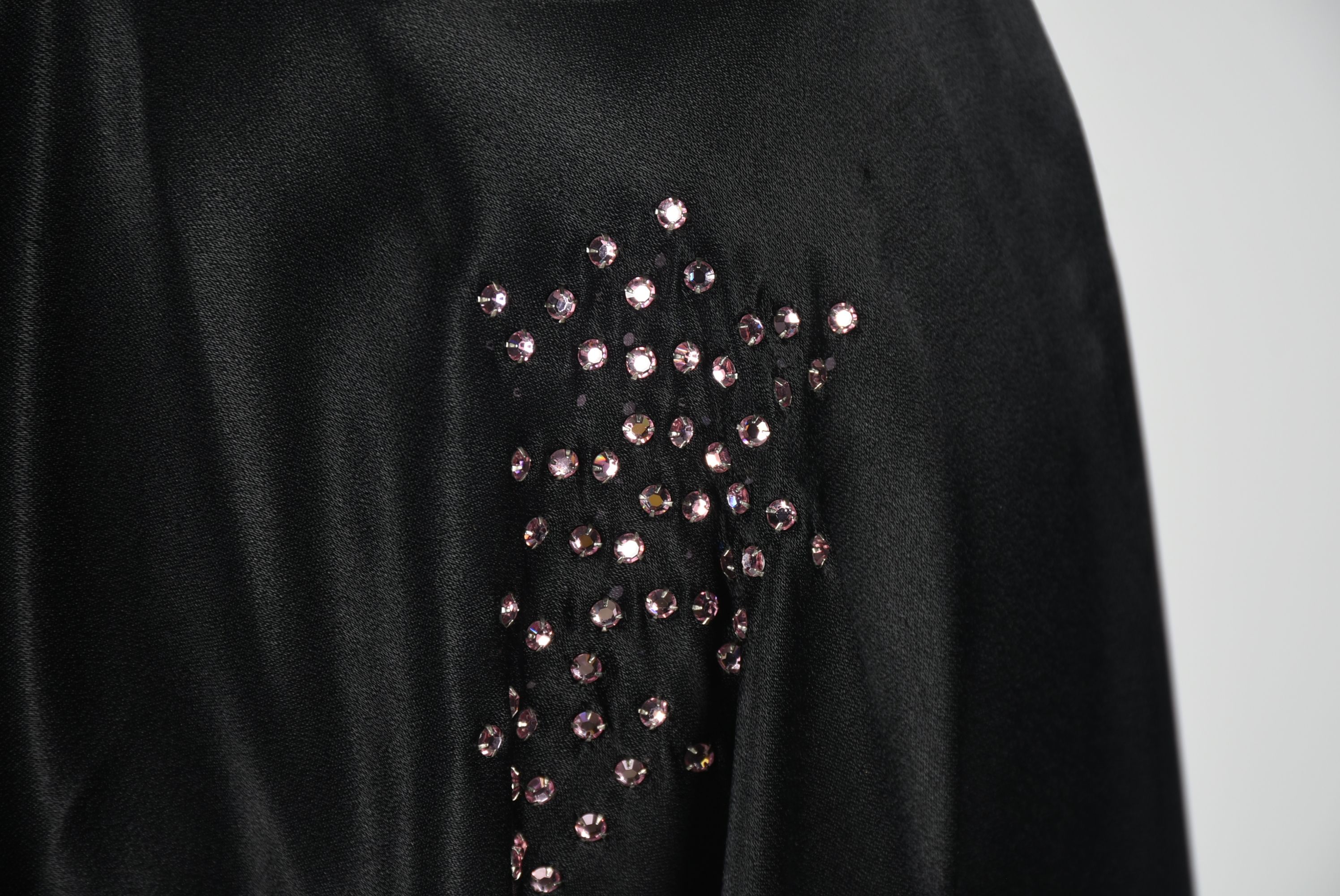 Vintage Black Satin Off the Shoulder Cocktail Dress with Pink Rhinestones