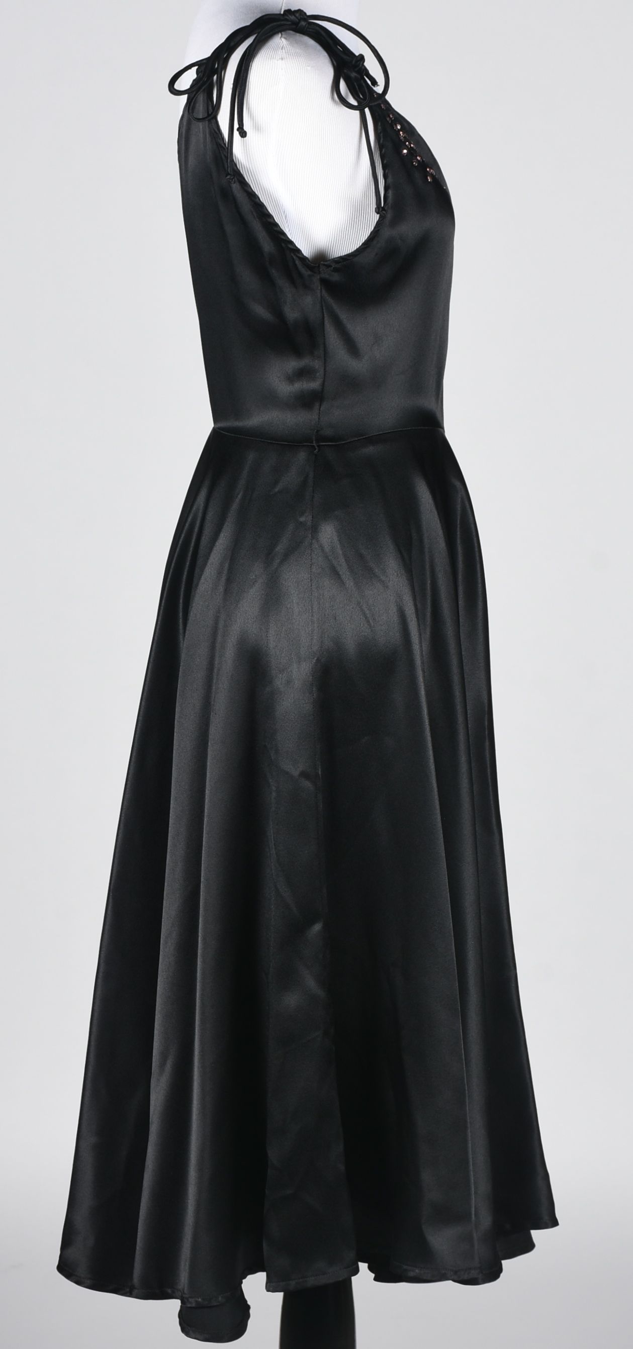 Vintage Black Satin Off the Shoulder Cocktail Dress with Pink Rhinestones
