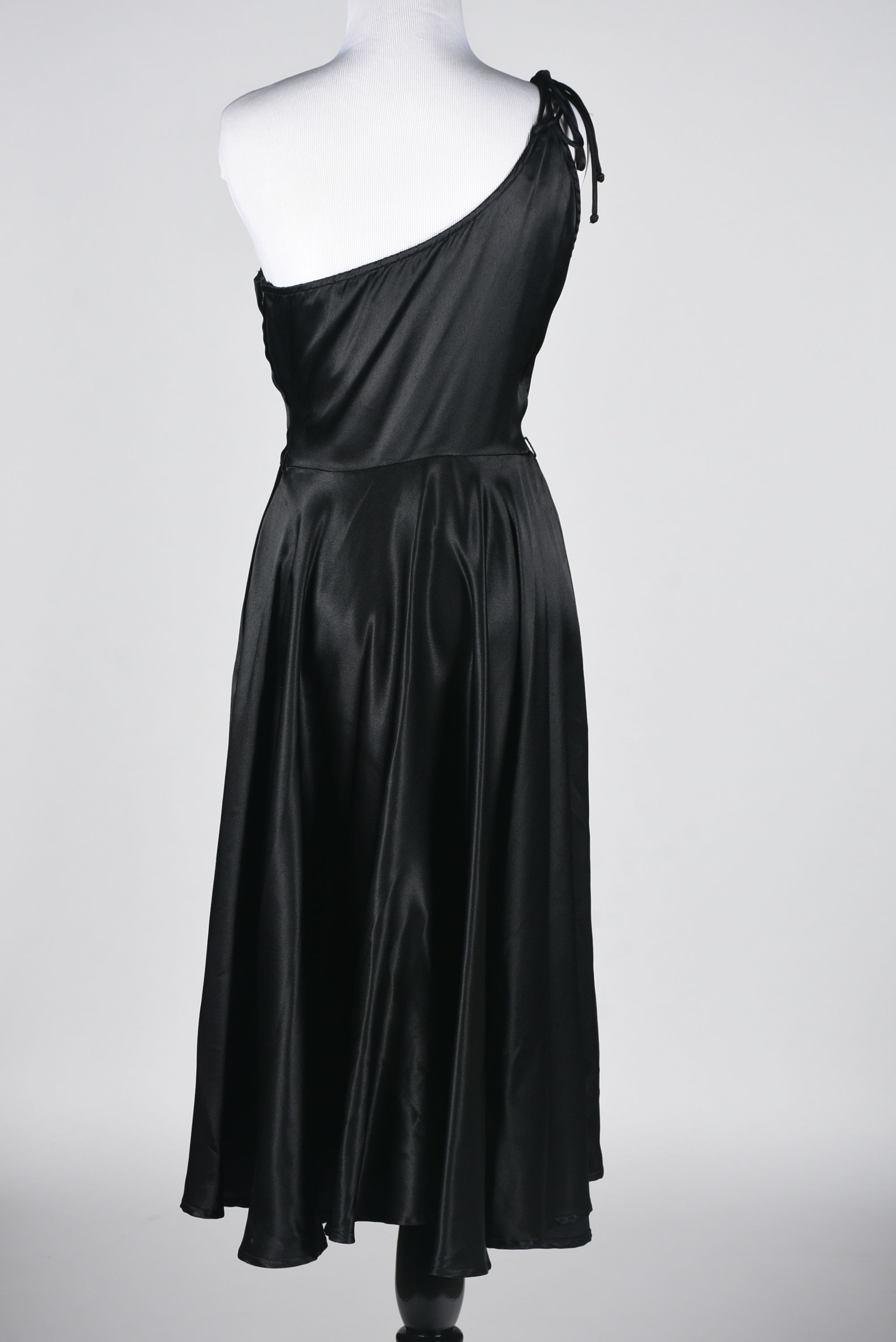 Vintage Black Satin Off the Shoulder Cocktail Dress with Pink Rhinestones