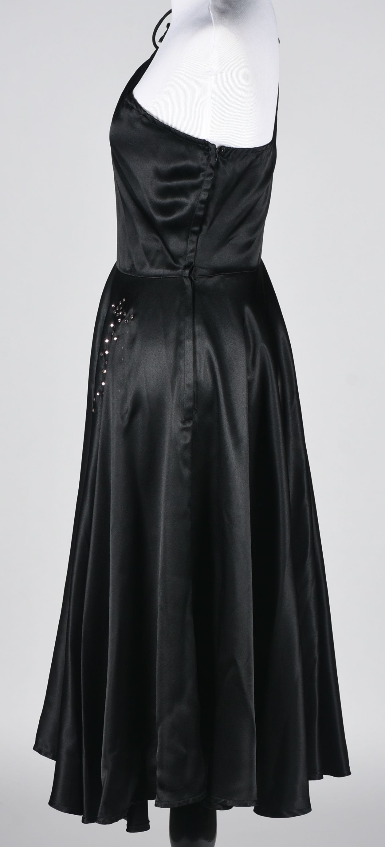Vintage Black Satin Off the Shoulder Cocktail Dress with Pink Rhinestones