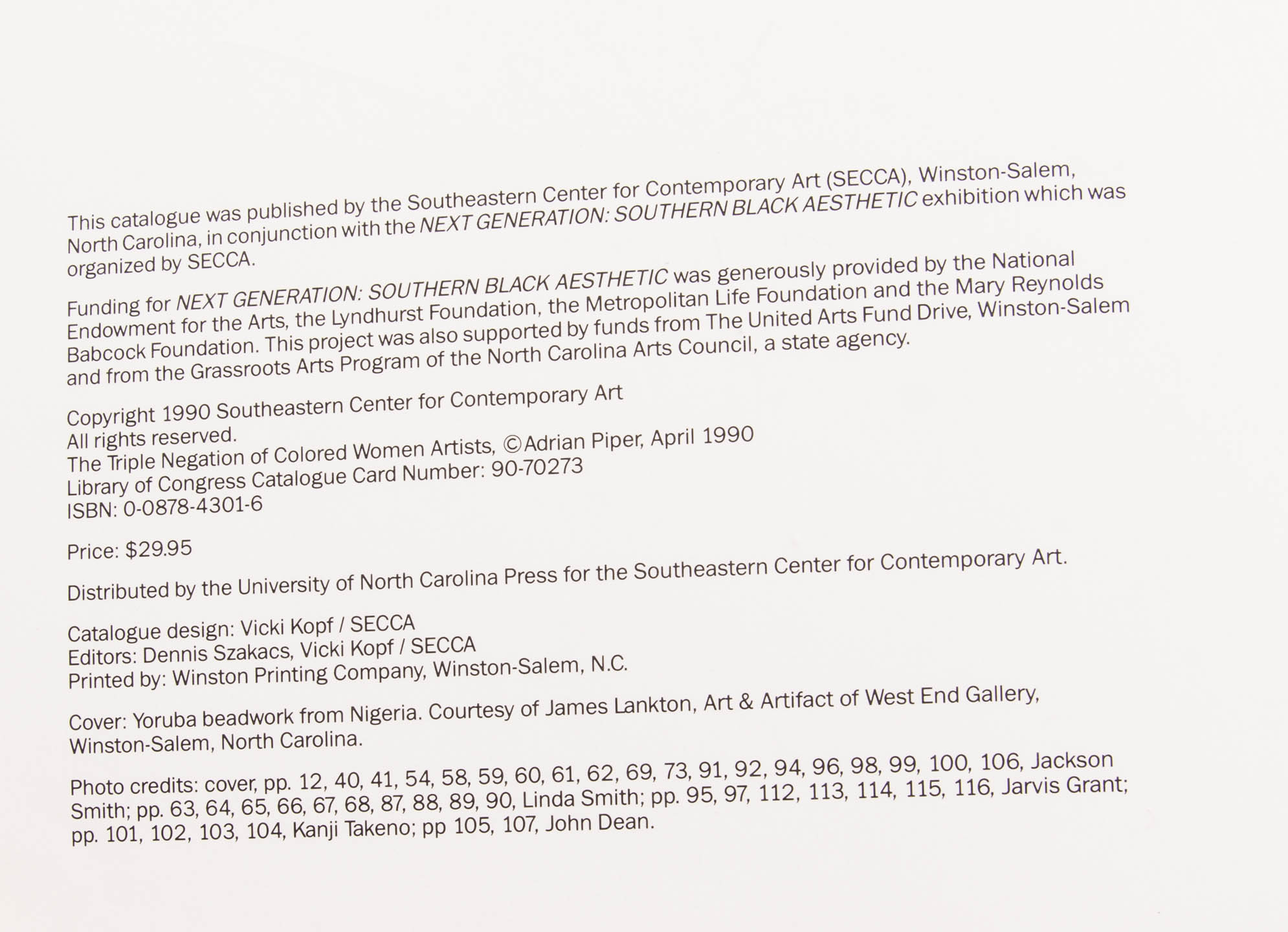 Autographed 1990 "Next Generation: Southern Black Aesthetic" Southeastern Center for Contemporary Art Catalogue by Ted Potter